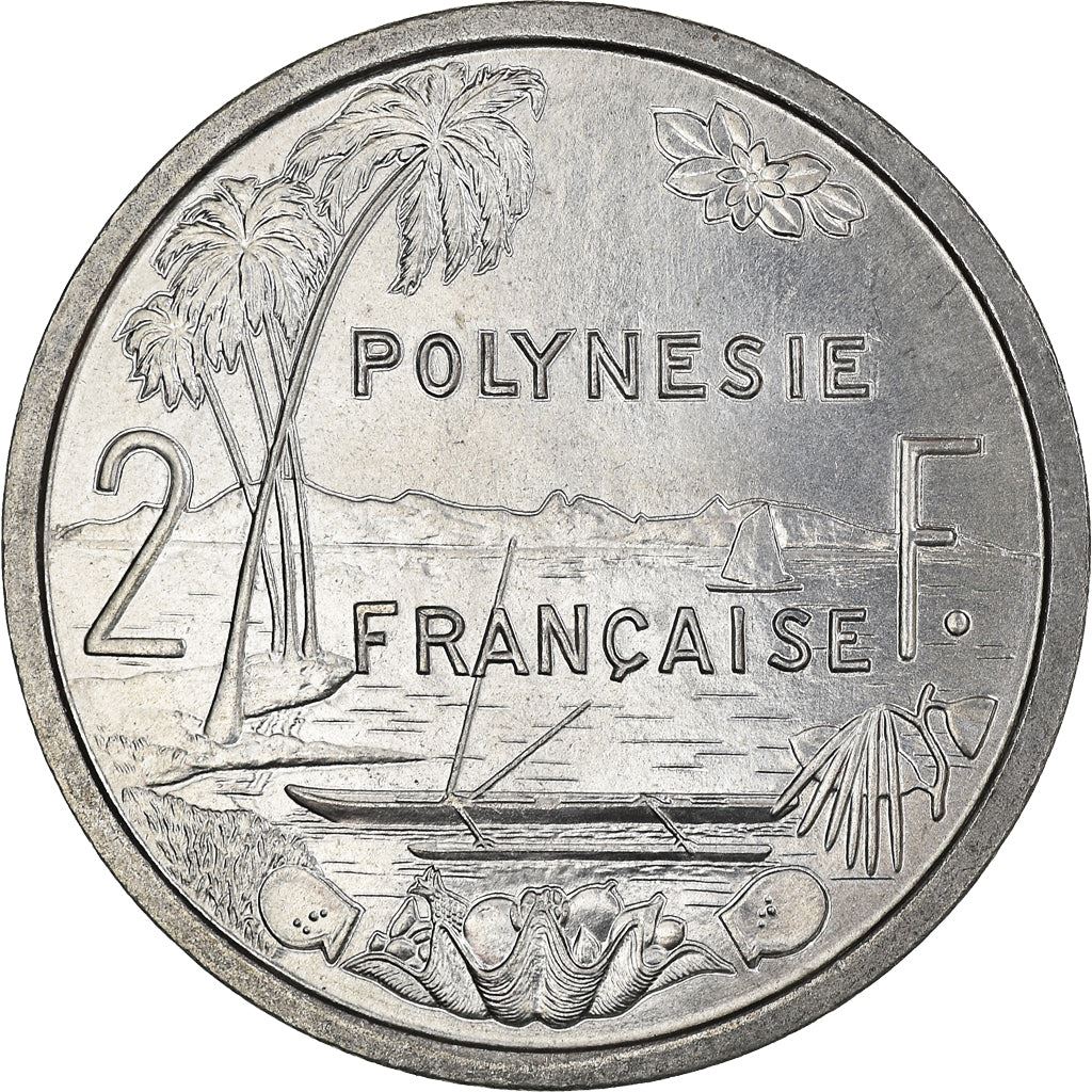 French Polynesia 2 Francs Coin | Liberty Sitting | Throne | Palm Tree | Sailboat | KM3 | 1965