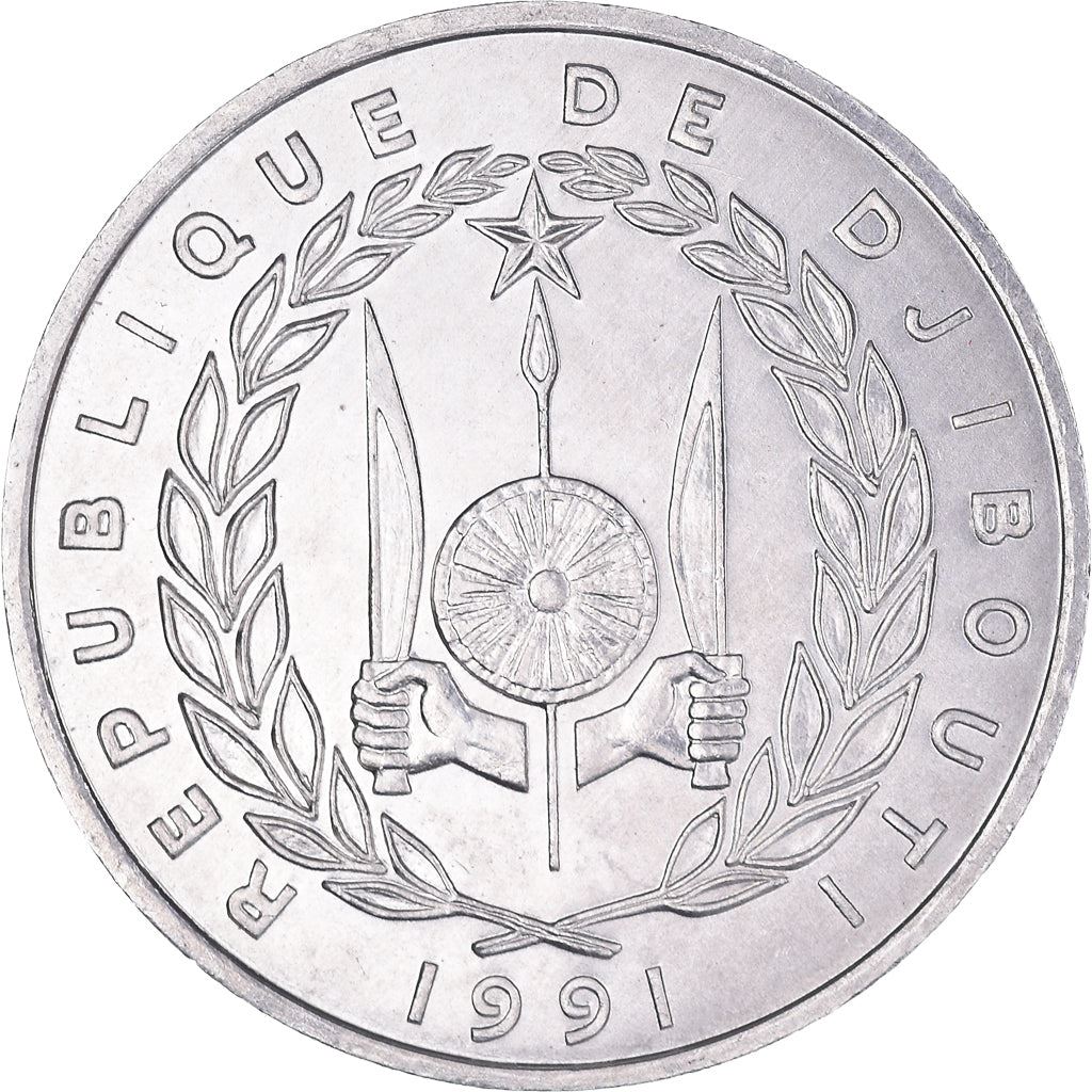 Djibouti | 5 Francs Coin | Knife | Spear | Shield | Waterbuck | Km:22 | 1977 - 1999