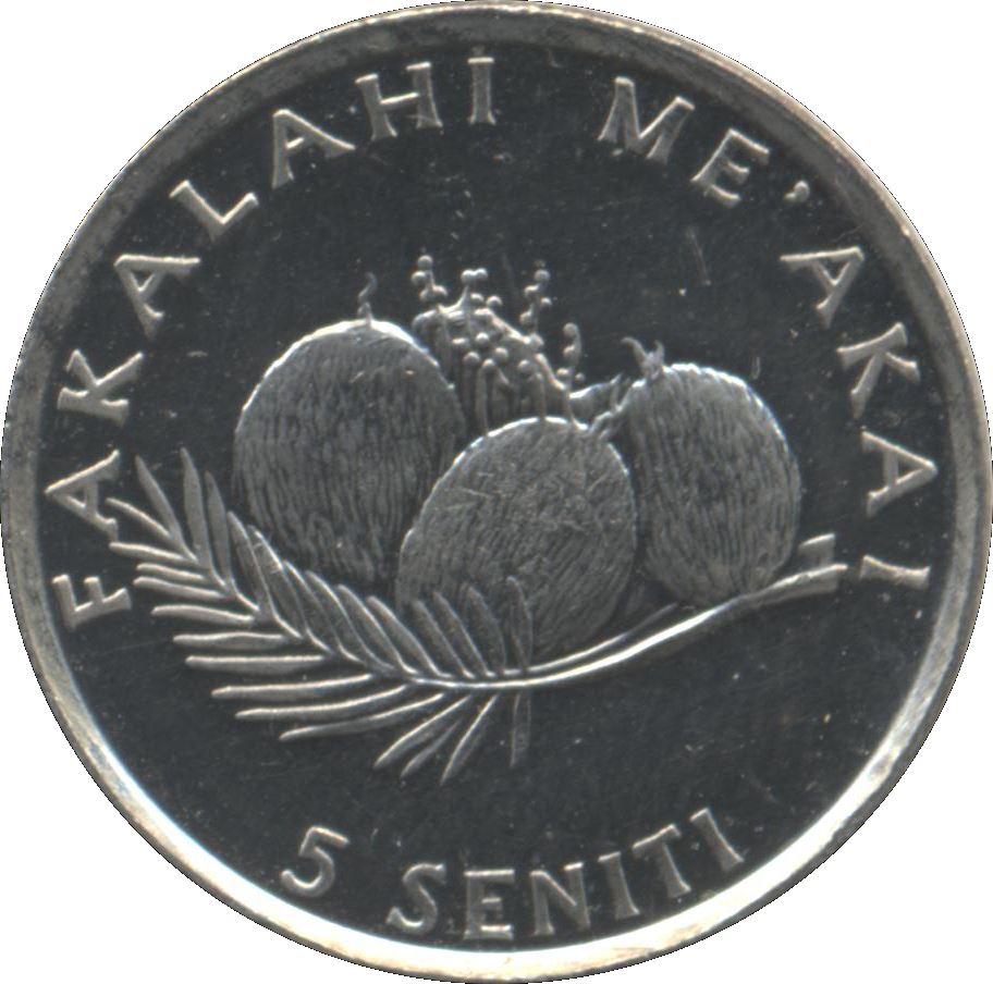 Tonga | 5 Seniti Mynt | Høne | Kylling | Kokosnøtt | FAO | Km:68 | 1981 - 1996