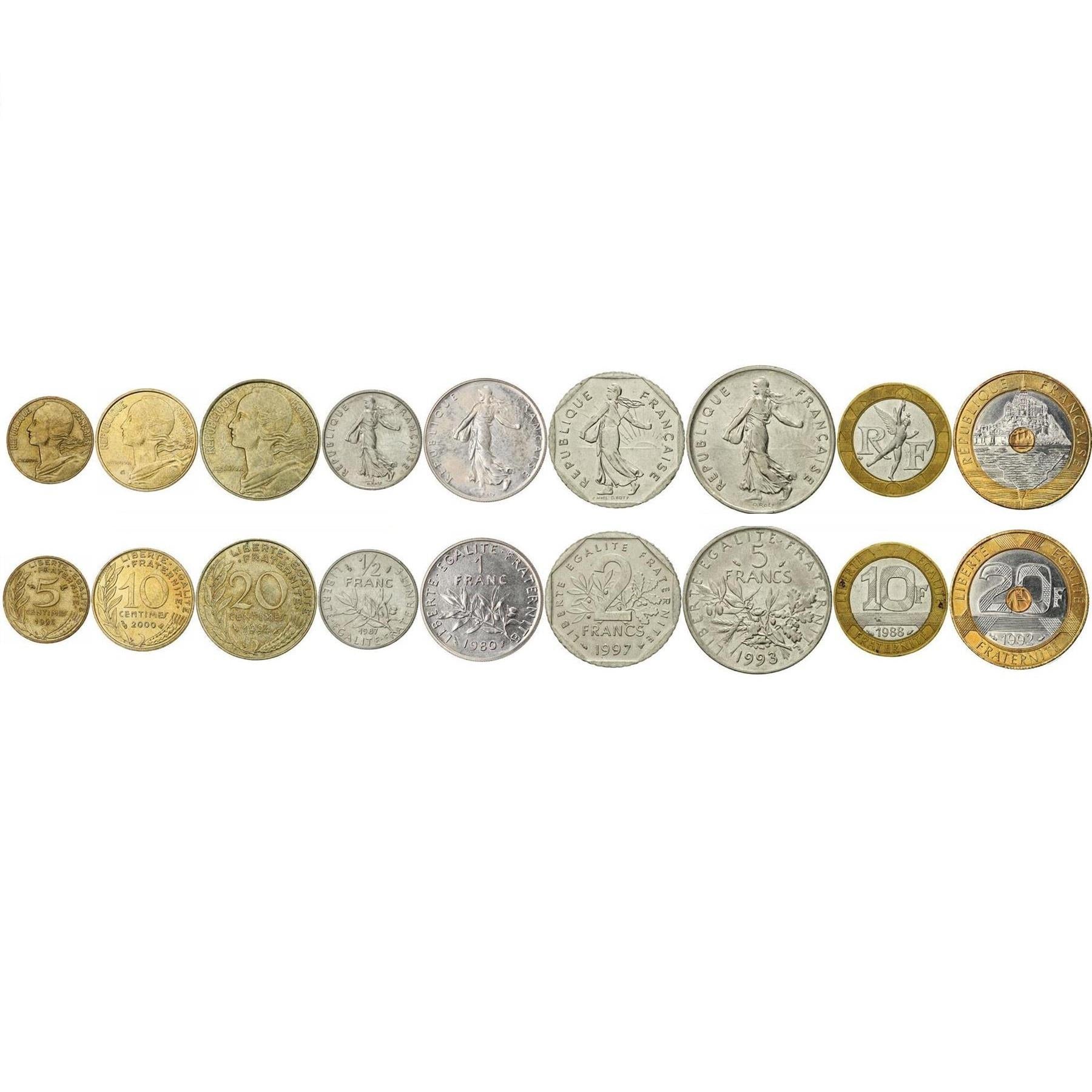 France | 9 Coin Set | 5 10 20 Centimes 1/2 1 2 5 10 20 Francs | Sculpture | Marianne | 1960 - 2001