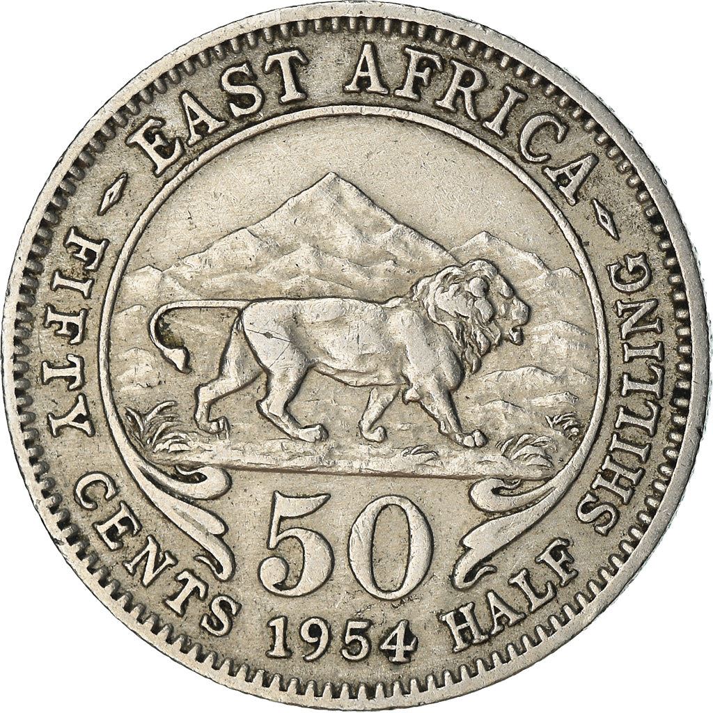 East Africa | 50 Cents Coin | Elizabeth II | Lion | Mountains | Km:36 | 1954 - 1963