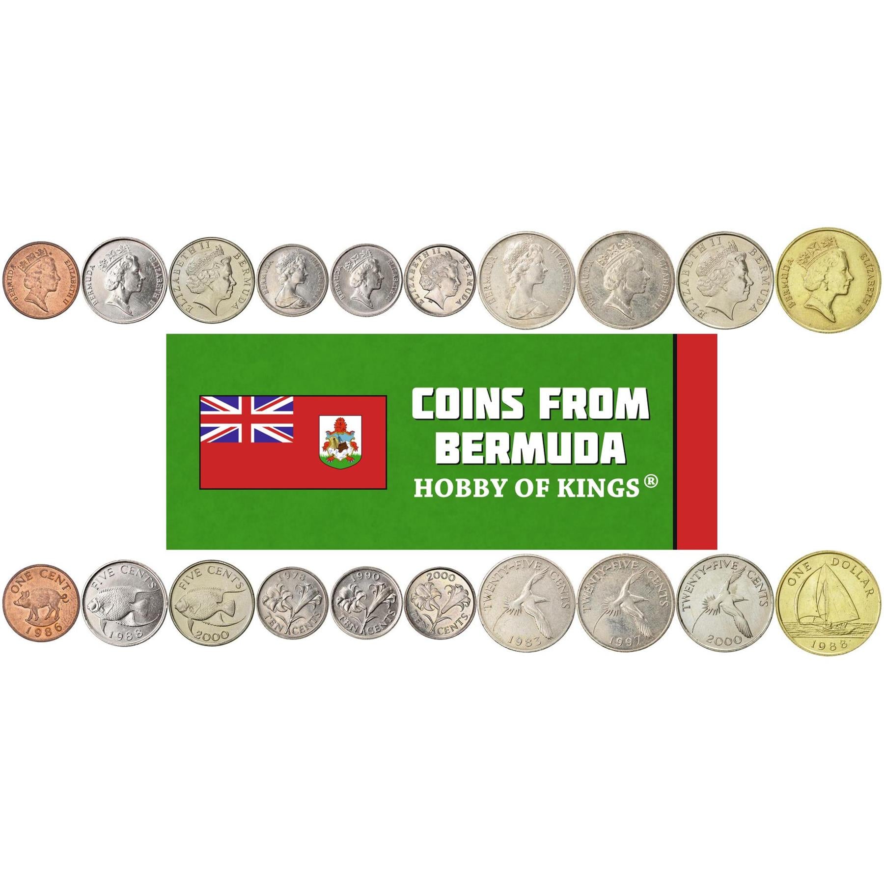 Bermuda | 10 Monete Miste | 1 5 10 25 Centesimi 1 Dollaro | Cinghiale | Pesce Angelo | Giglio | Uccello Tropicale | Vela | Elisabetta II | 1970 - 2021