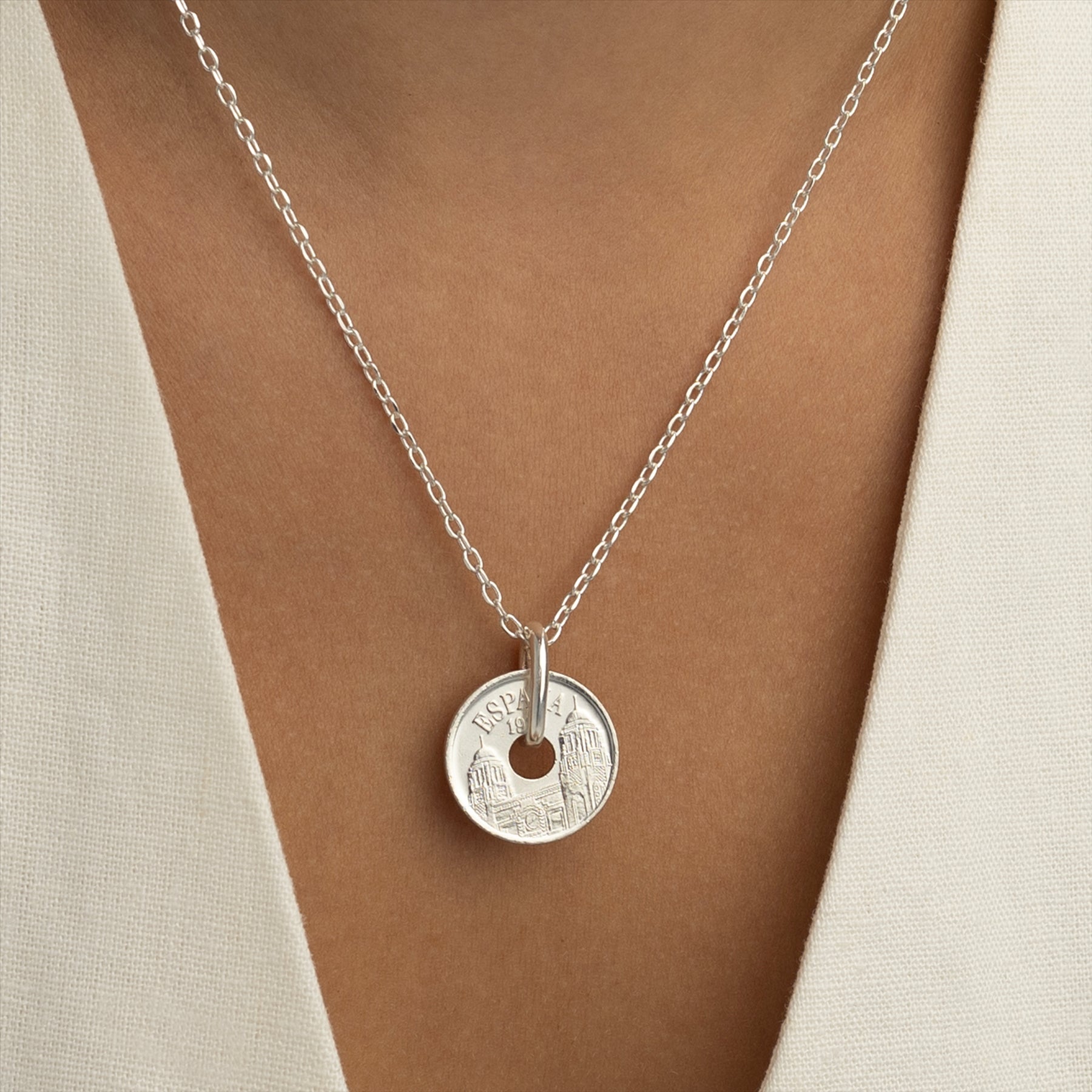 Spanish Coin Necklace | Medallion Pendant Jewelry | Rhodium Plated 25 Pesetas | Melilla | 1997