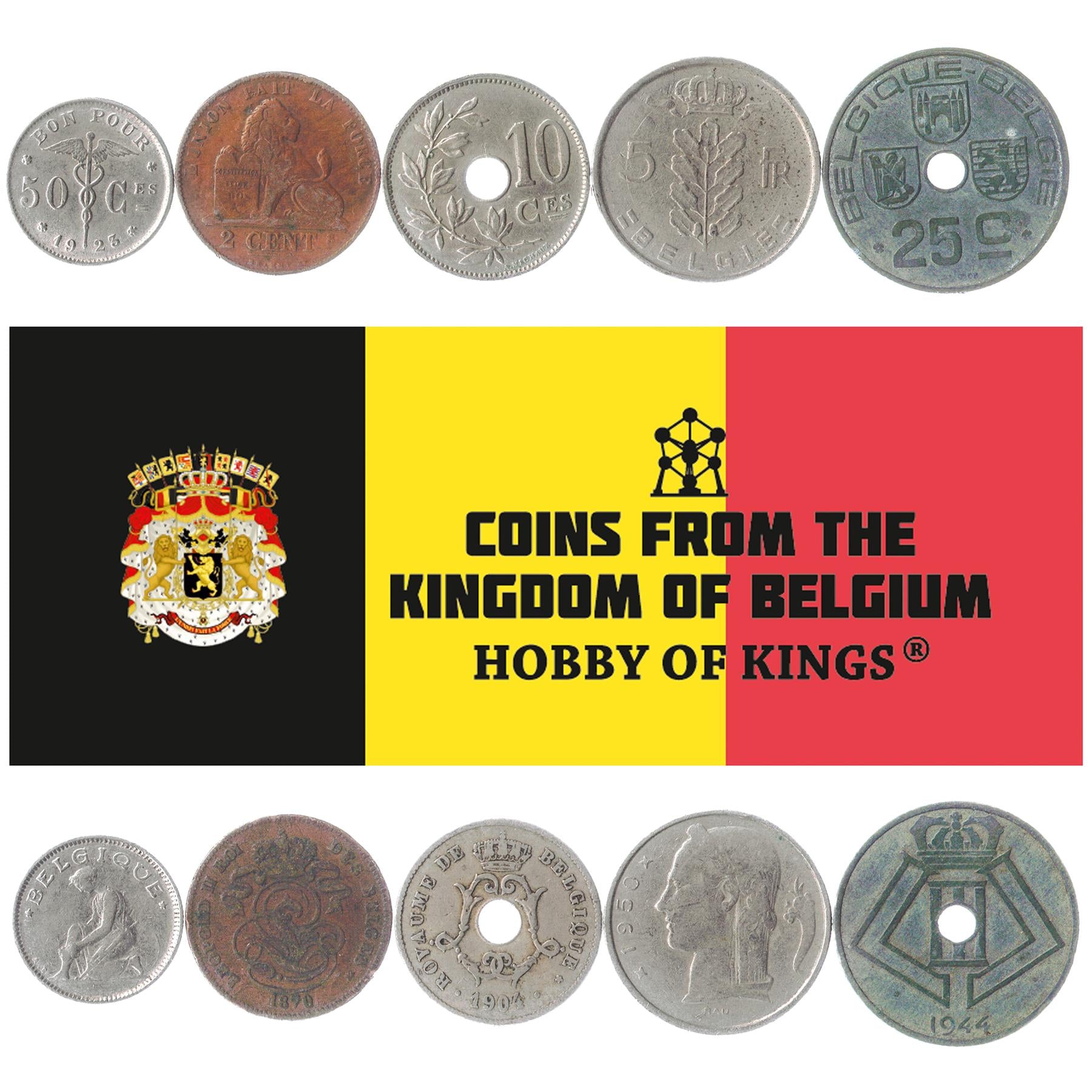 5 Old Coins From Belgium 1865-1950 Kings Baudouin I Leopold Albert I