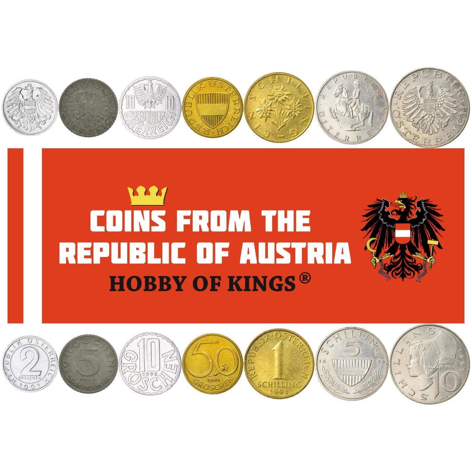 Áustria | Conjunto de 7 Moedas | 2 5 10 50 Groschen 1 5 10 Schilling | Escudo Austríaco | Cavalo Lipizzaner | Chapéu Brettlhaube | 1948 - 2001