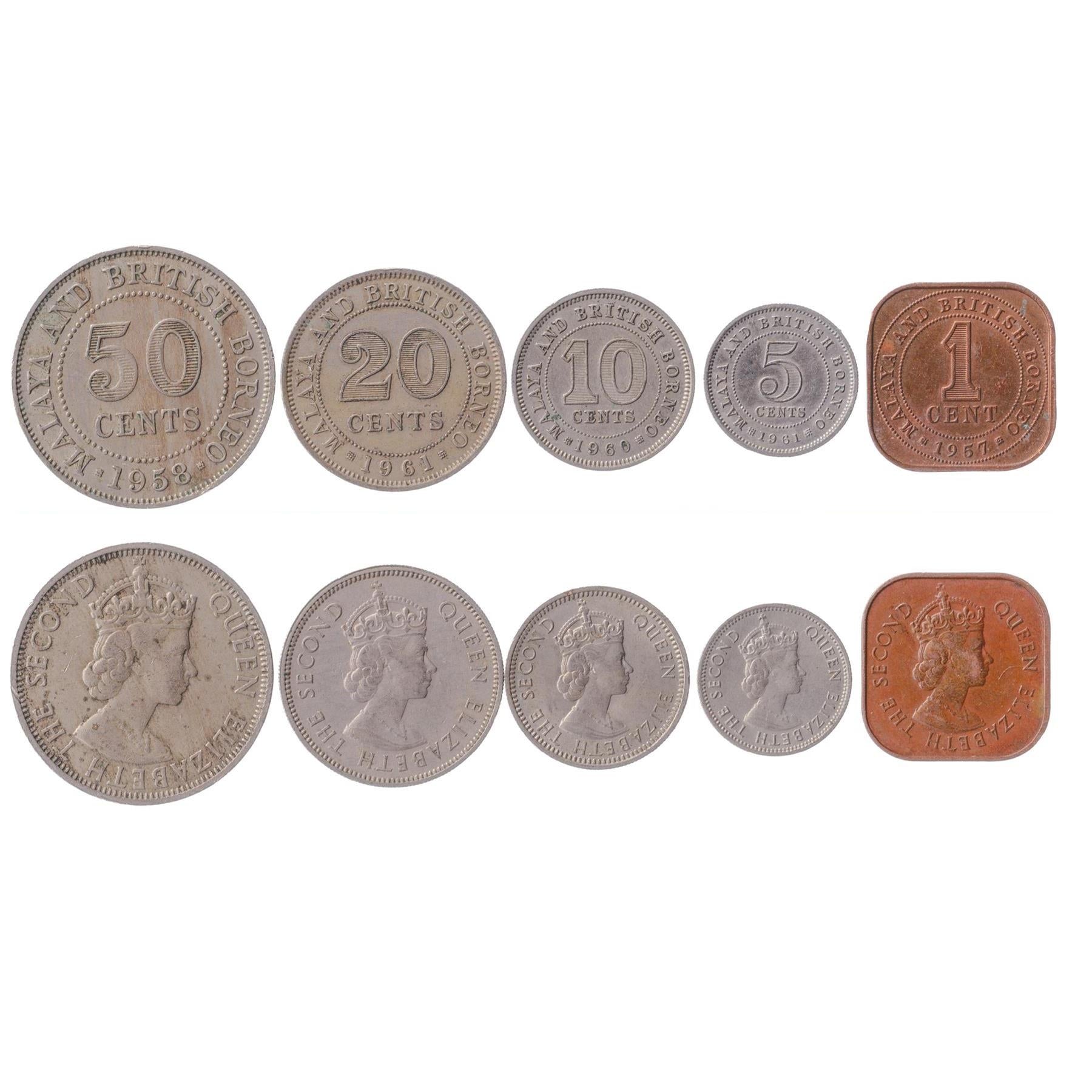 Malaya and British Borneo | 5 Coin Set | 1 Cent 5 10 20 50 Cents | 1953 - 1961