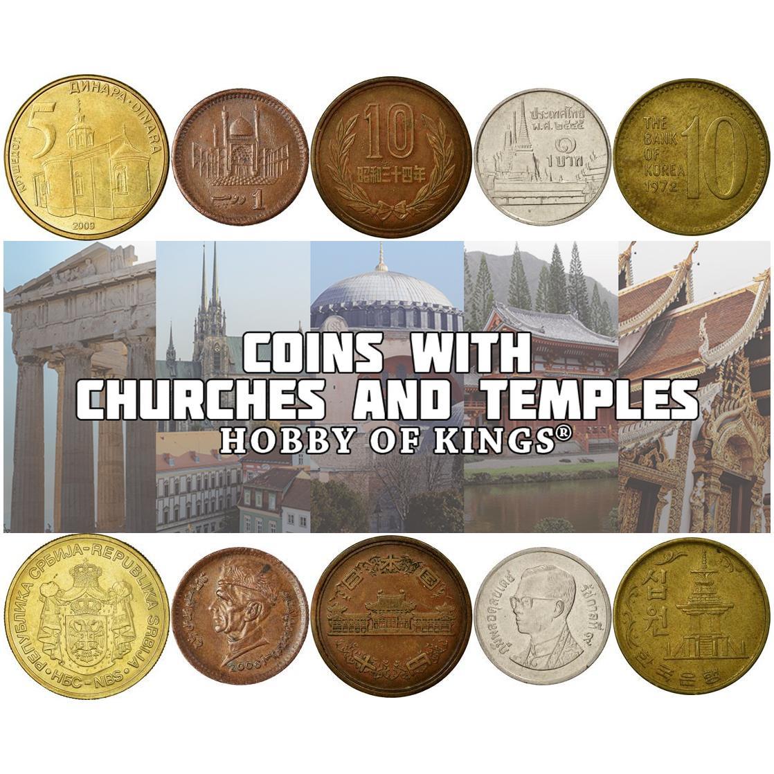 Different Coins with Houses of Worship | Church | Synagogue | Mosque | Shrine | Temple | Pagoda