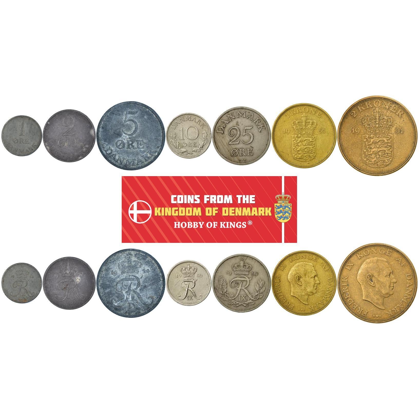 Denmark | 7 Coin Set | 1 2 5 10 25 Ore 1 Krone 2 Kroner | 1947 - 1964