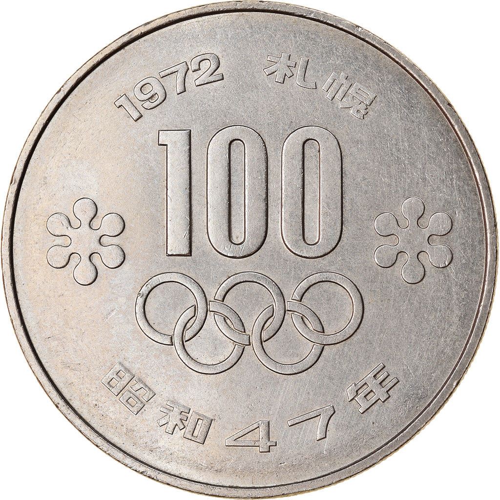 Japan | 100 Yen Coin | 1972 Winter Olympics | Torch | Flame | Olympic Rings | Y:84, Jnda:03-4, Schön:61 | 1972