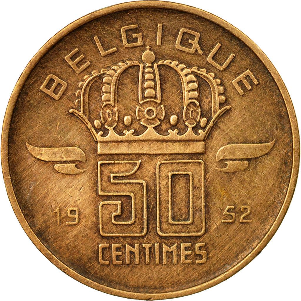 Belgium | 50 Centimes Coin | Miner | Lamp | Crown | Wings | Km:144 | 1952 - 2001