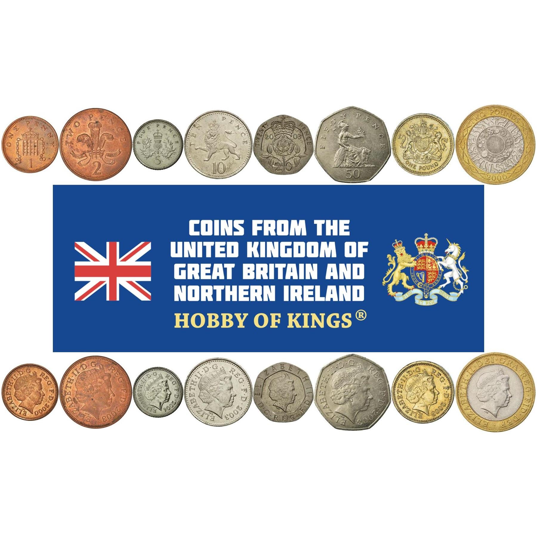 United Kingdom | 8 Coin Set | 1 Penny 2 5 10 20 50 Pence 1 Pound 2 Pounds | 1998 - 2008