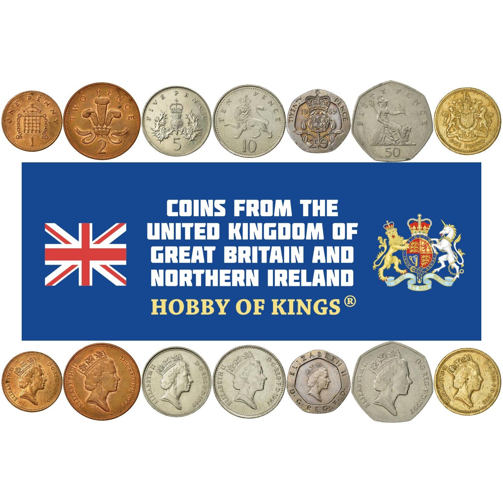 United Kingdom | 7 Coin Set | 1 Penny 2 5 10 20 50 Pence 1 Pound | 1985 - 1997