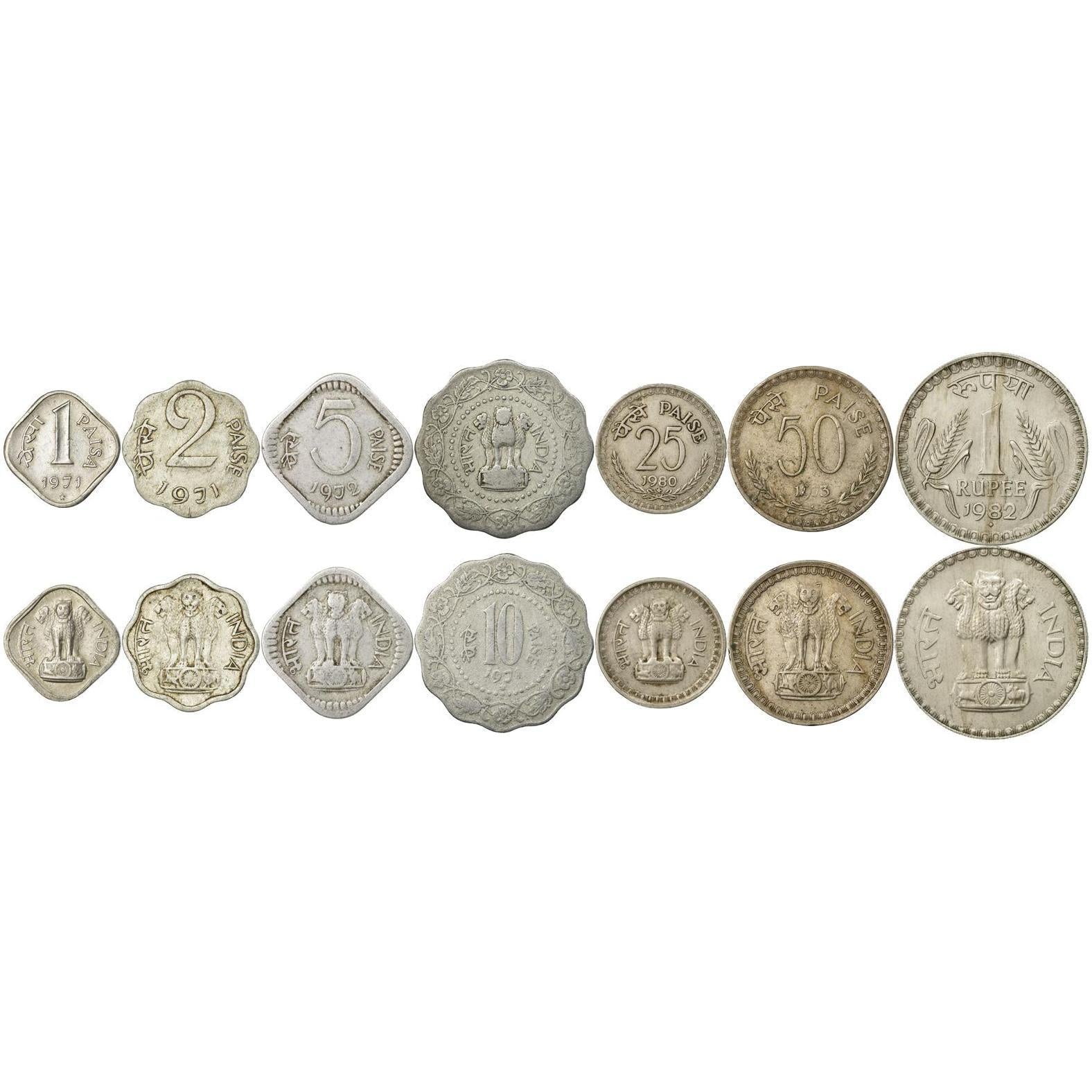 India | 7 Coin Set | 1 2 5 10 25 50 Paisa 1 Rupee | 1965 - 1990