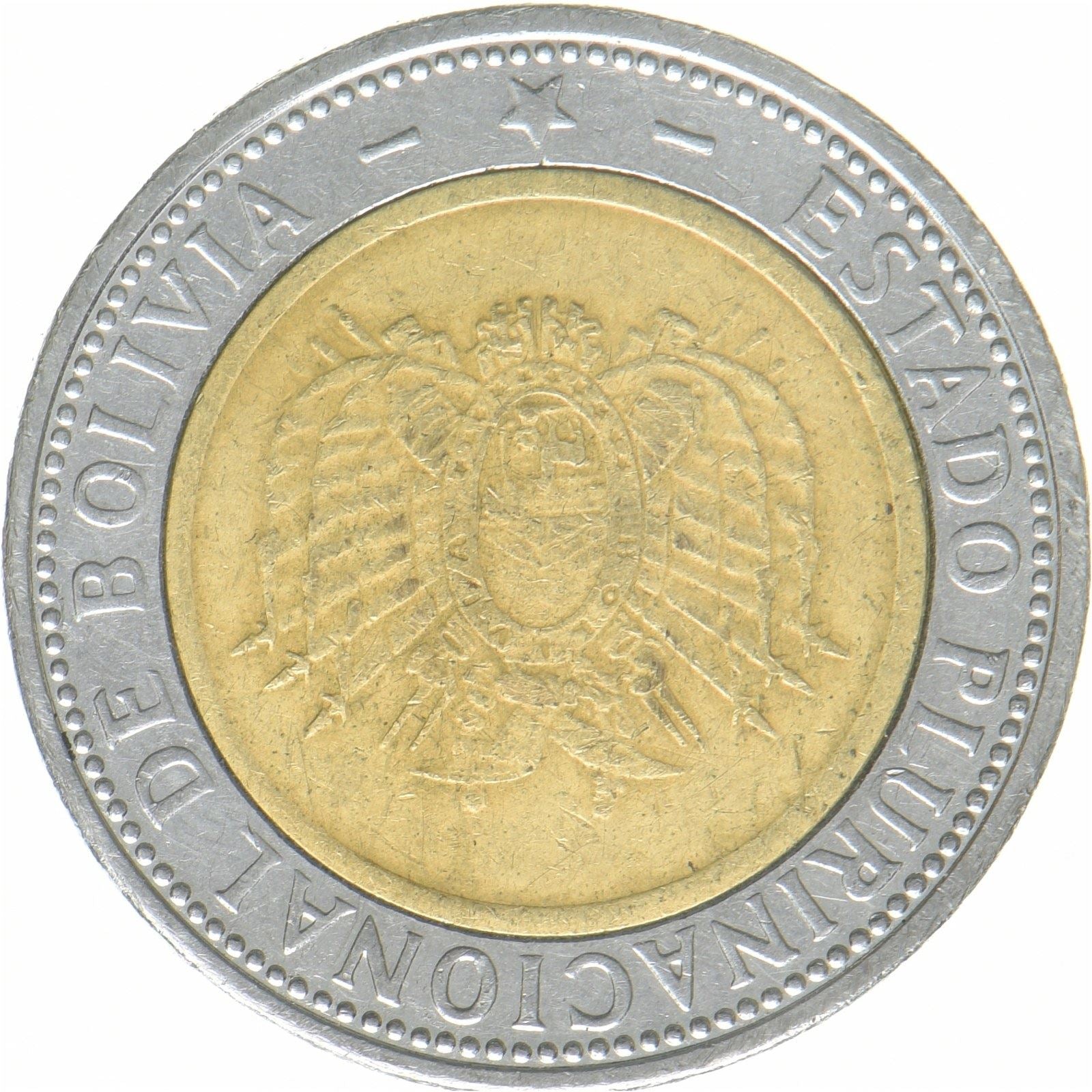 Bolivia | 5 boliviano-mønt | Bimetallisk | Fugl | Flag | Våbenskjold | Skydevåben | KM:224 | 2017