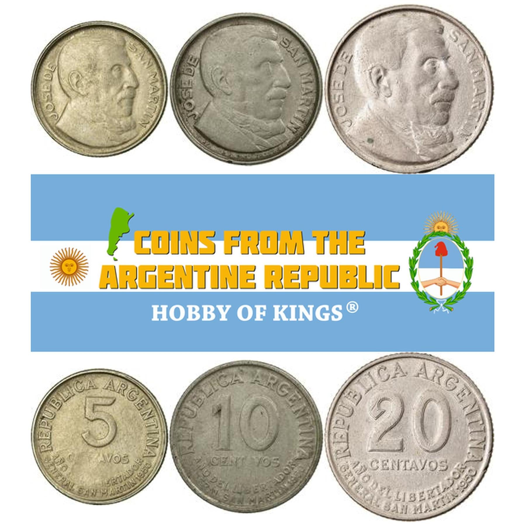 Argentine 3 Coin Set 5 10 20 Centavos | José de San Martín | 1950