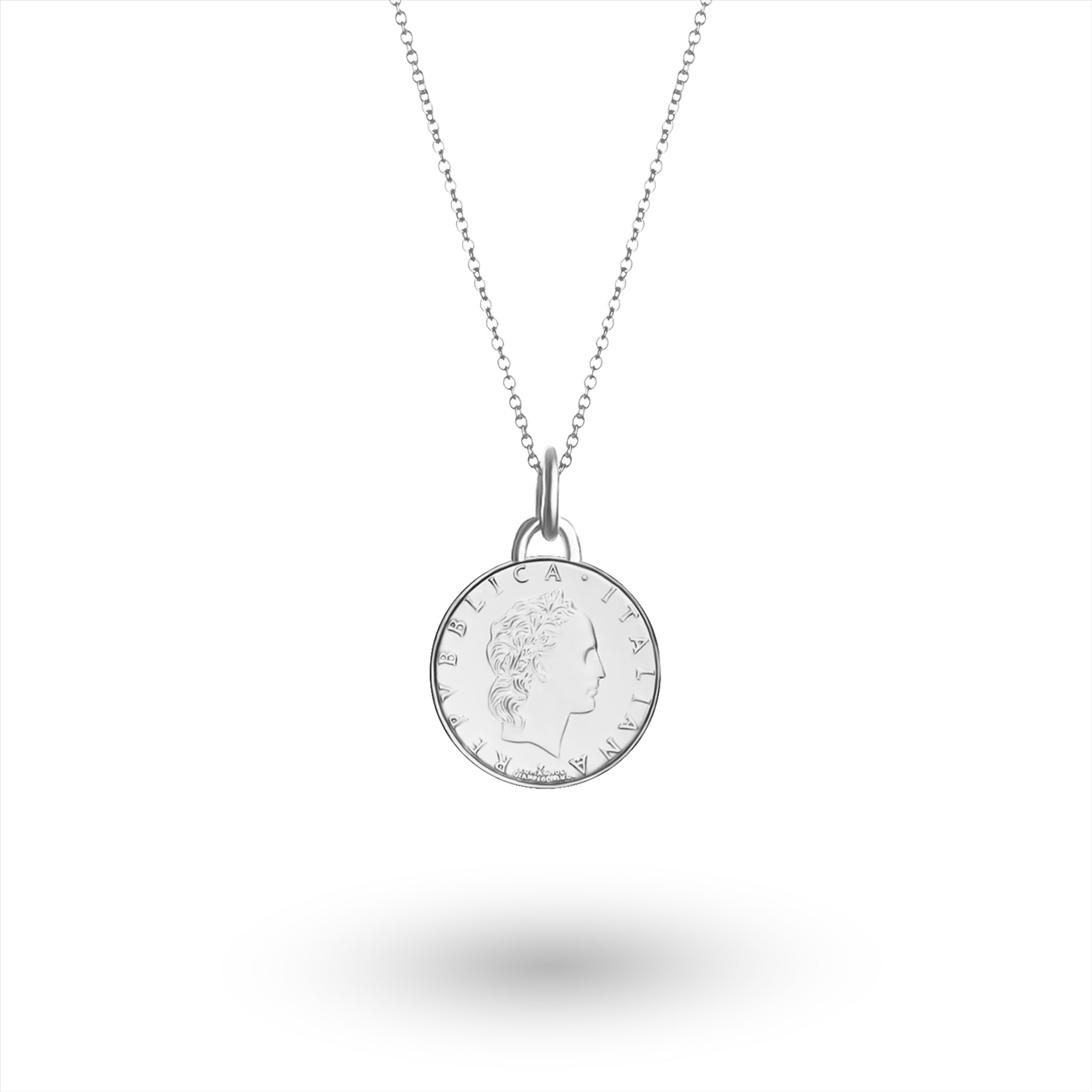 Italian Coin Necklace | Medallion Pendant Jewelry | Rhodium Plated 50 Lira | 1990 - 1995