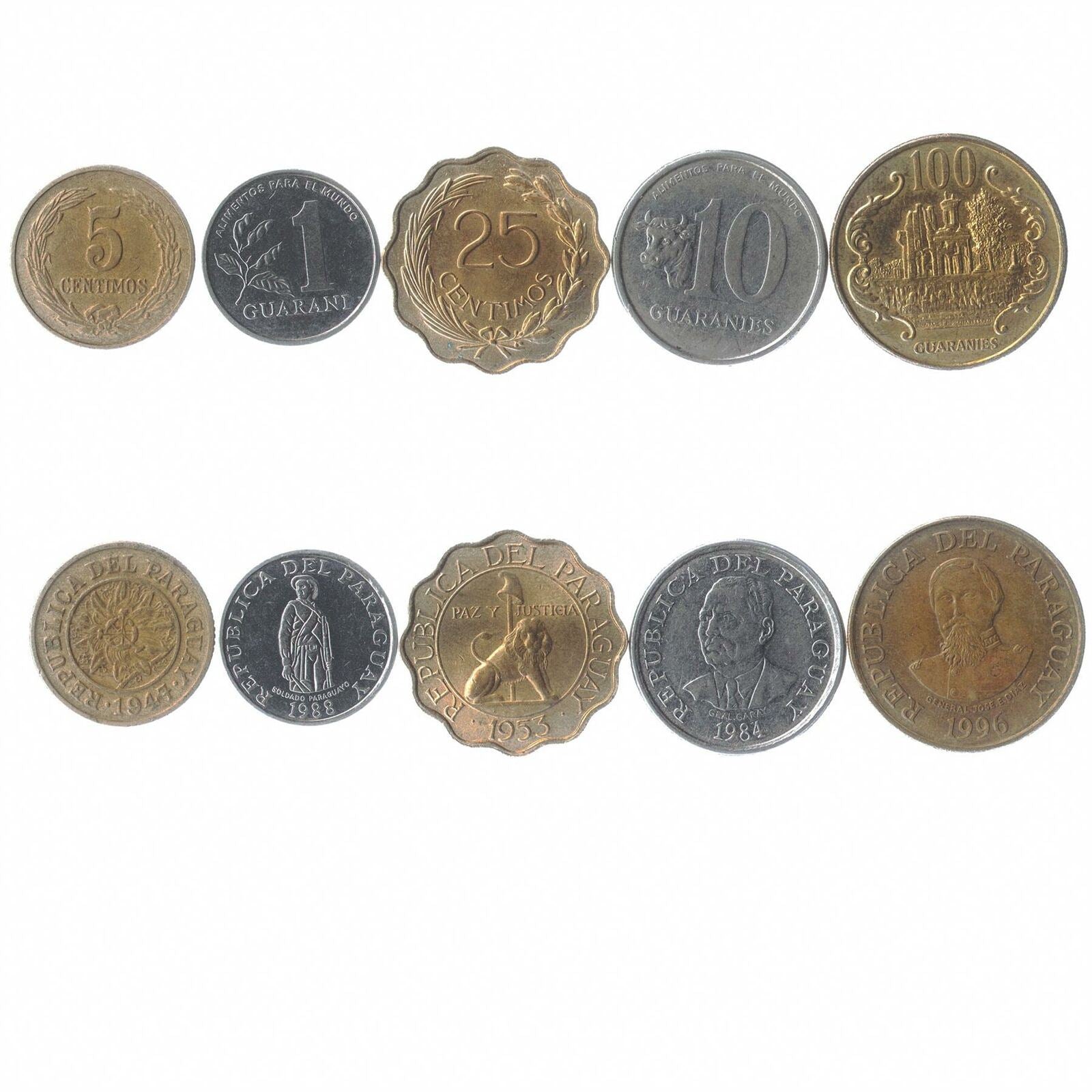5 Different Coins From Paraguay Guarani Centimos Money Collectible Currency