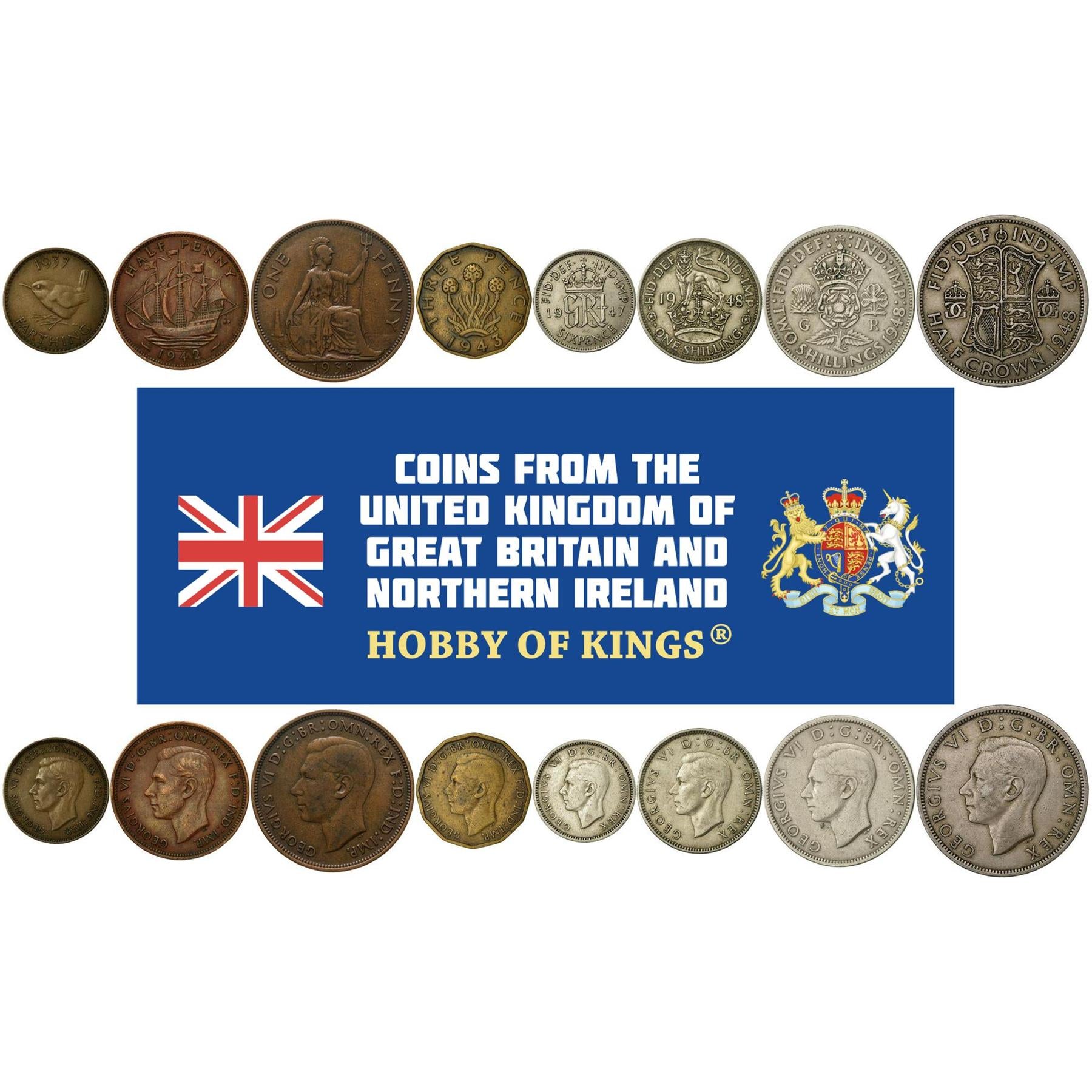 United Kingdom | 8 Coin Set | 1 Farthing 1/2 1 Penny 3 6 Pence 1 Shilling 2 Shillings 1/2 Crown | 1937 - 1948