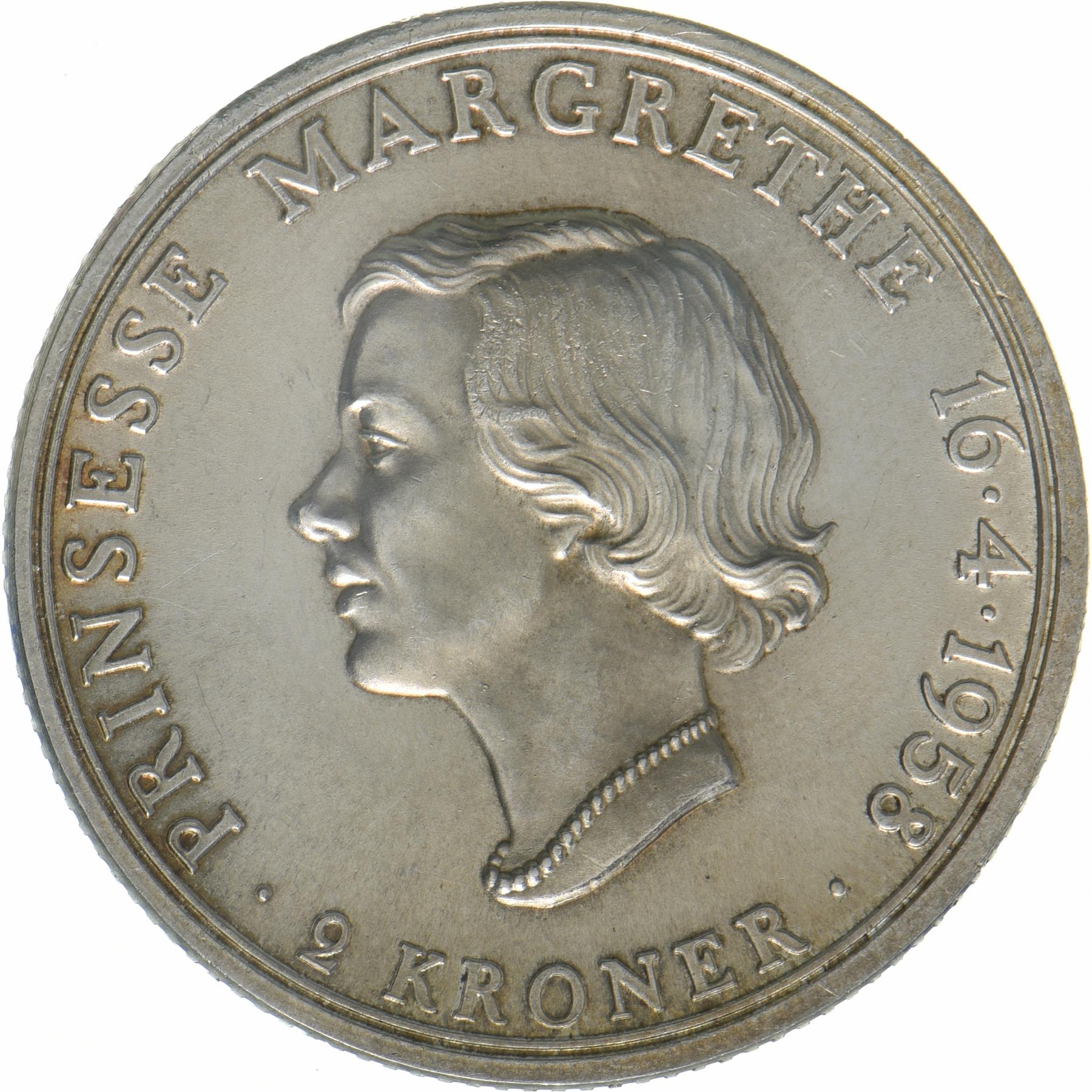 Denmark | 2 Kroner Coin | Silver | Princess Margrethe's 18th Birthday | KM:845 | 1958