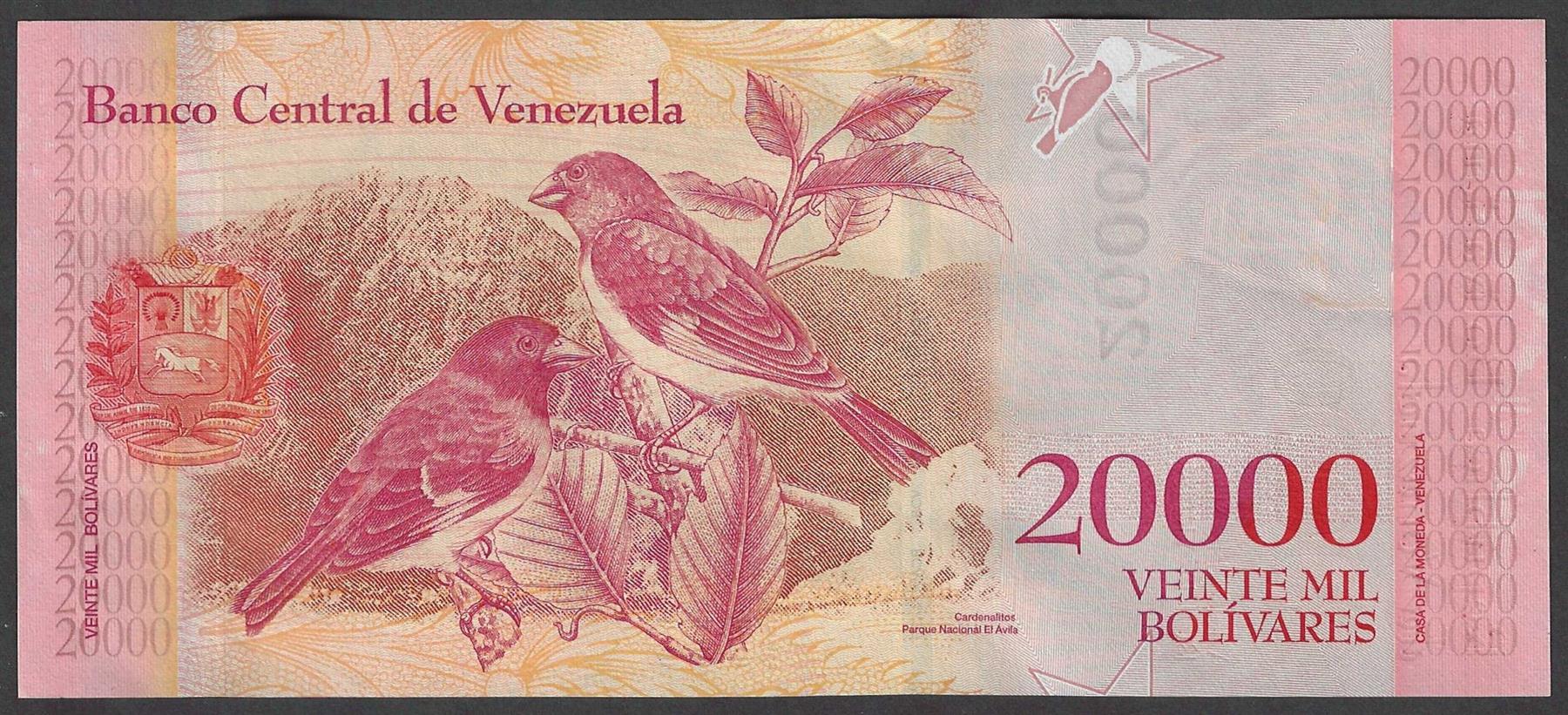 Venezuela | 20 000 Bolivares Banknote | 2016 - 2017 | Simón Bolívar | Red Siskins | Venezuelan Cardinals