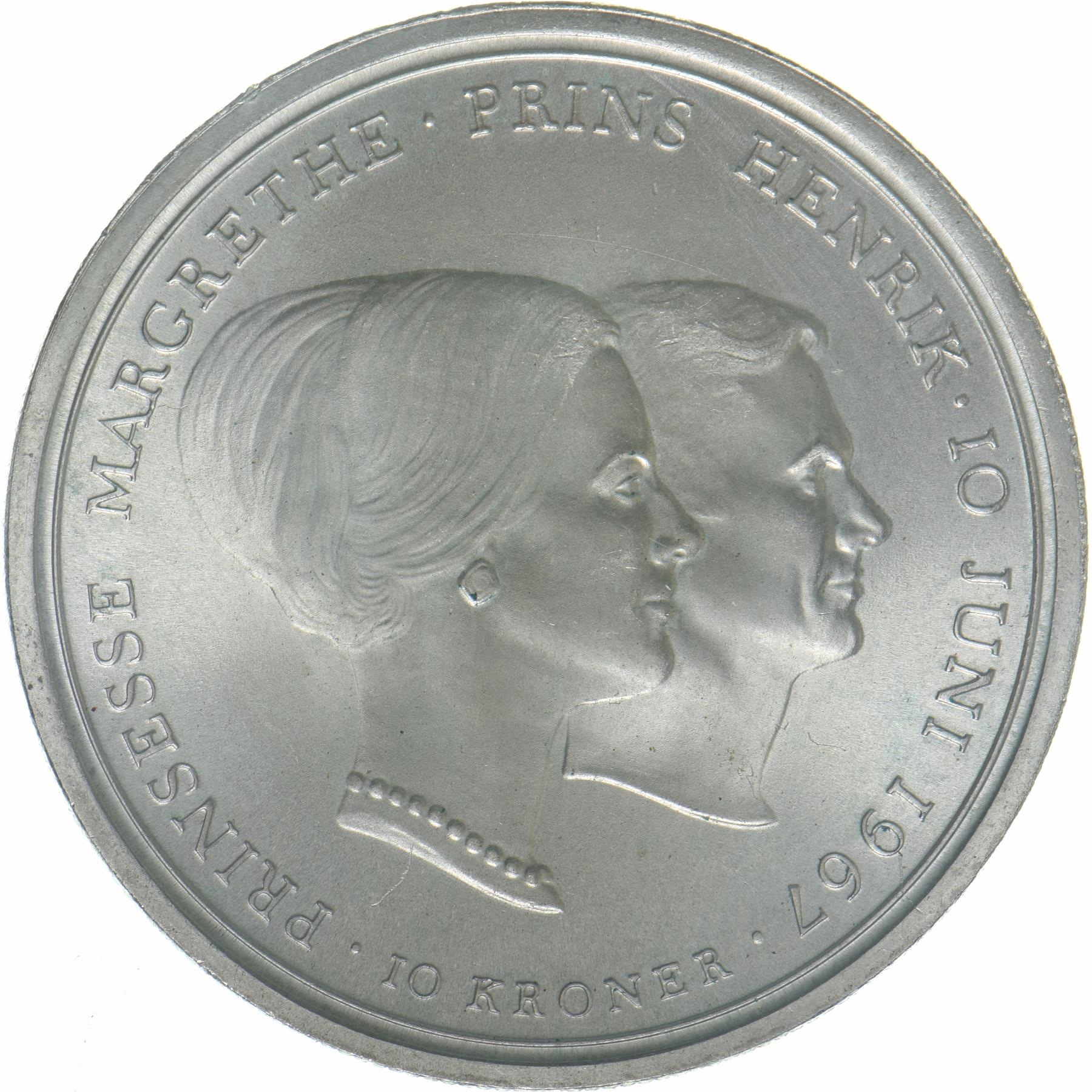 Denmark | 10 Kroner Coin | Silver | Wedding of Princess Margrethe | KM:856 | 1967