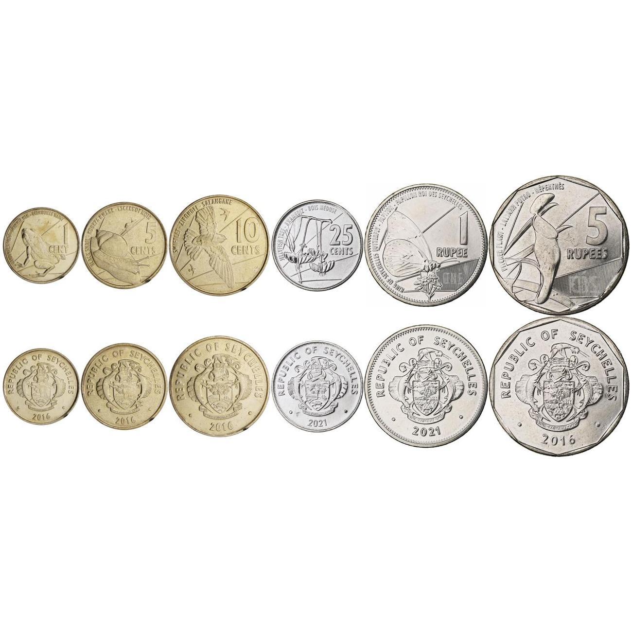 Seychelles | 6 Coin Set | 1 Cent 5 10 25 Cents 1 Rupee 5 Rupees | 2016 - 2022