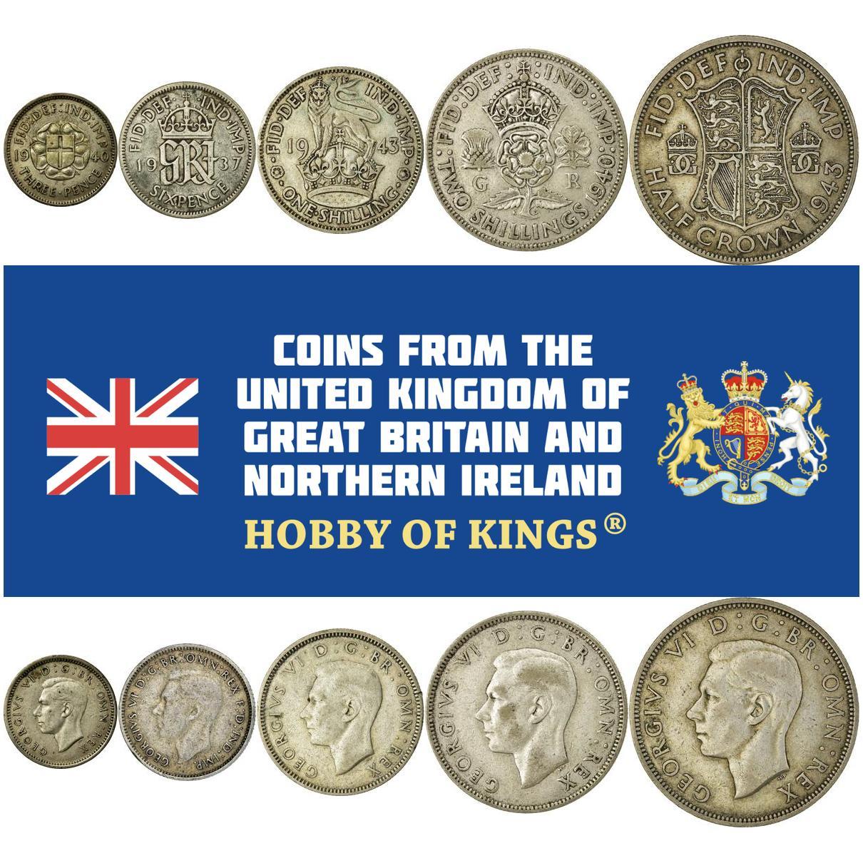 United Kingdom | 5 Coin Set | 3 6 Pence 1 Shilling 2 Shillings 1/2 Crown | 1937 - 1946