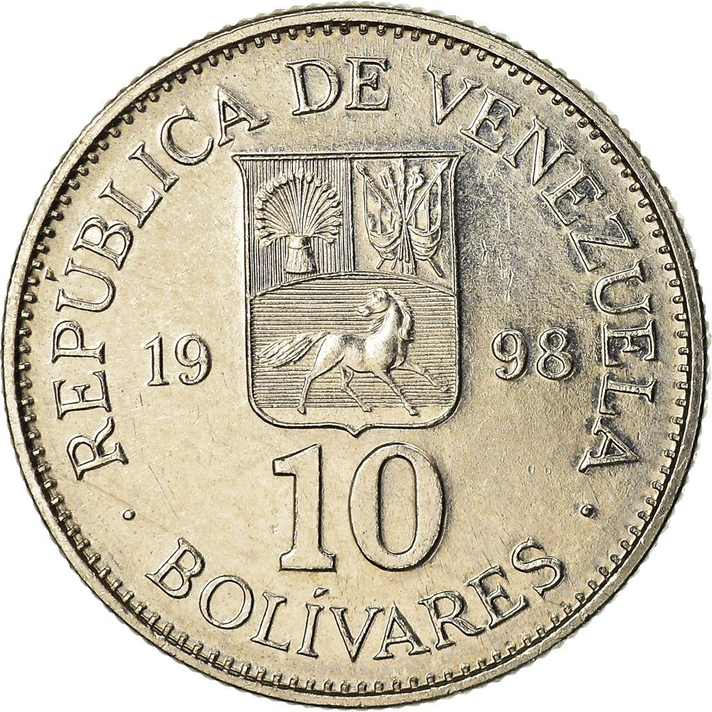 Venezuela | 10 Bolivares Coin | Nickel clad steel | Politician | Military leader | Horse or equine | Coat of Arms | Y:75, NCV:mv10bs-ca | 1998