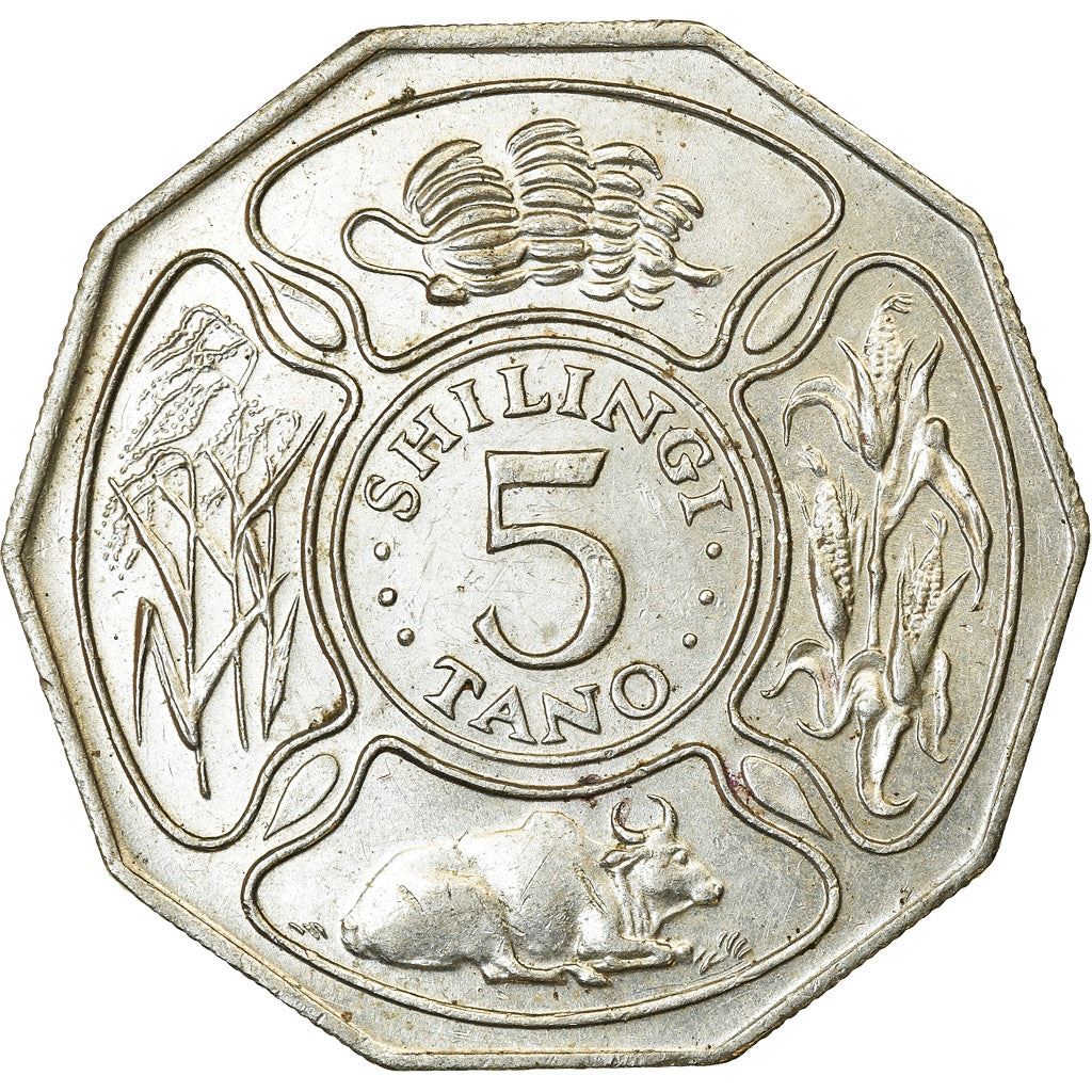 Tanzania | 5 Shilingi Coin | Bananas | Maize | Cattle | Grains | Km:23 | 1987 - 1989