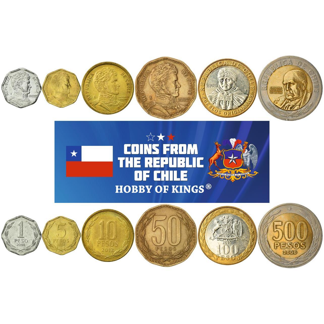 Chile | 6 Münzsatz | 1 Peso 5 10 50 100 500 Pesos | Bernardo O'Higgins | Mapuche-Indianerin | Kardinal Raúl Silva Henríquez | 1981 - 2023