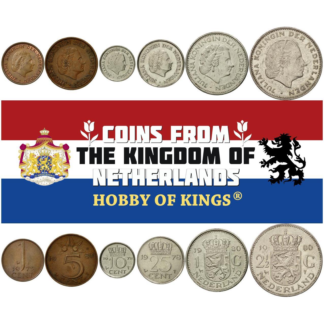 Netherlands | 6 Coin Set | 1 Cent 5 10 25 Cents 1 2.5 Gulden | 1950 - 1980