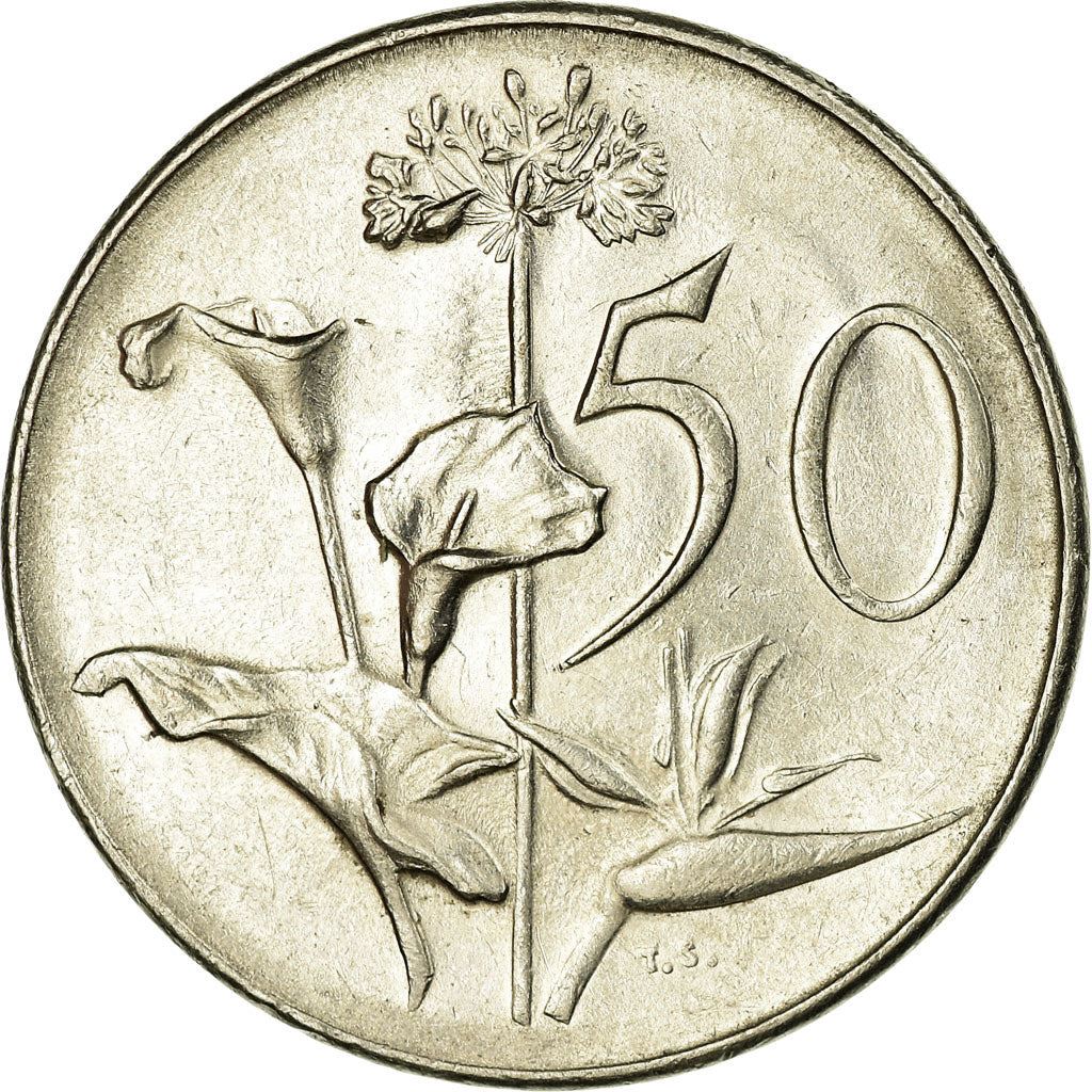 South Africa | 50 Cents Coin | Founder of Cape Town | Flowers | Lilies | Bird of Paradise | Km:70.2 | 1965 - 1969
