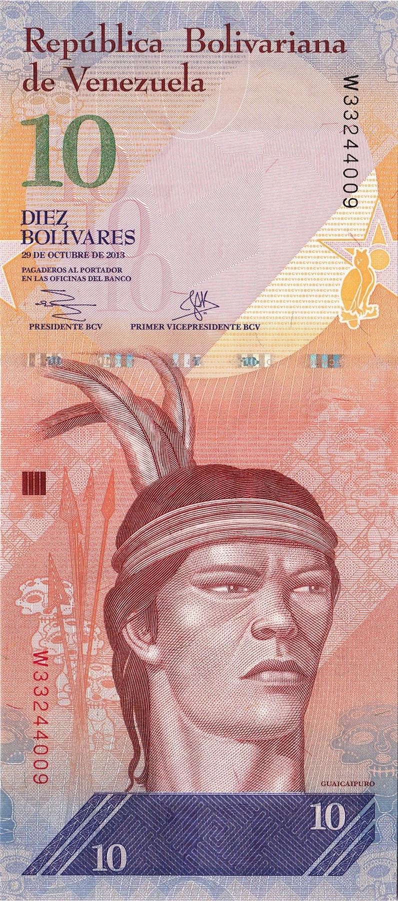 Venezuela | 10 Bolivares Banknote | 2007 - 2014 | Cacique Guaicaipuro | Spears | Masks | Harpy Eagle | Canaima National Park