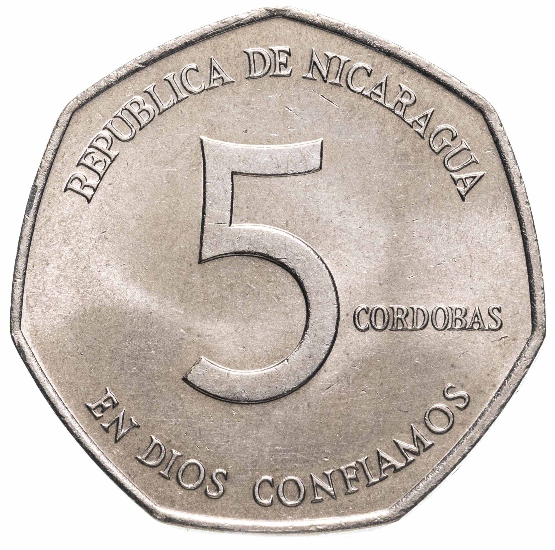 Nicaragua | 5 Cordobas Coin | Augusto Nicolás Sandino | Revolutionary | Km:44 | 1980