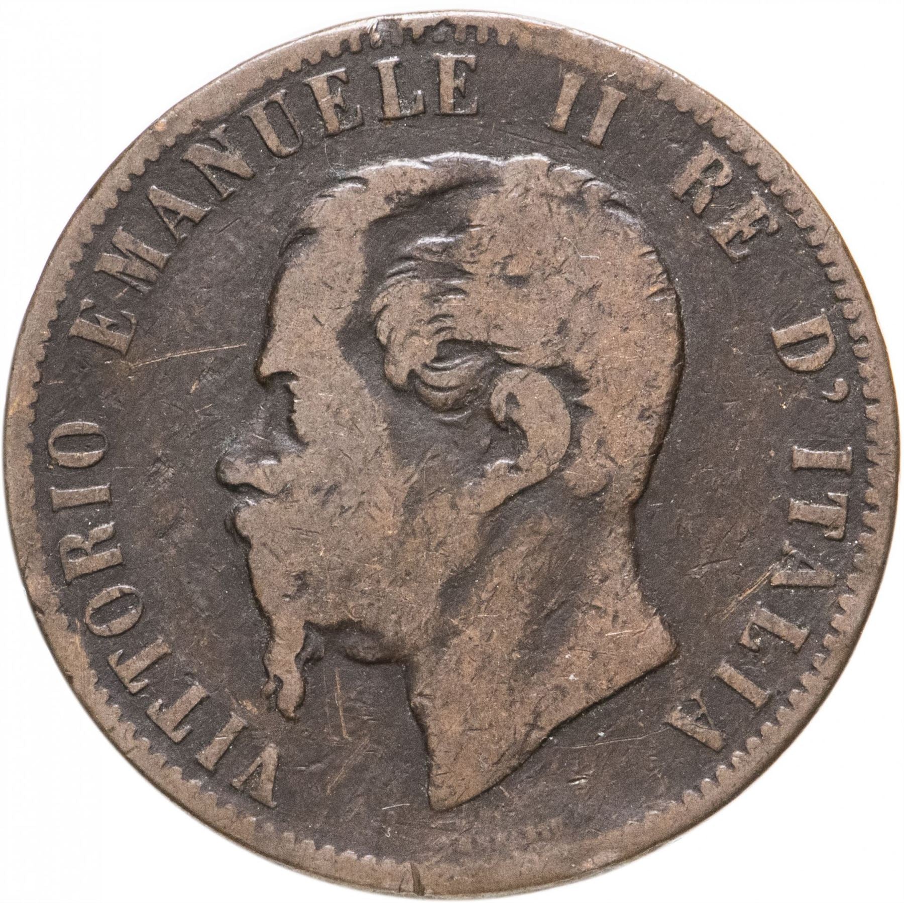 Moeda de 10 Cêntimos de Itália | Vítor Manuel II | Ramo | Carvalho e Loureiro | Estrela | KM11 | 1862 - 1867