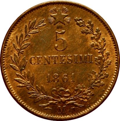 Italy 5 Centesimi Coin | Vittorio Emanuele II | Branch | Oak Laurel | Star | KM3 | 1861 - 1867