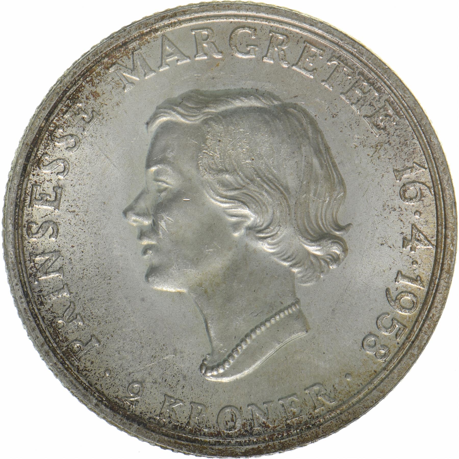 Denmark | 2 Kroner Coin | Silver | Princess Margrethe's 18th Birthday | KM:845 | 1958