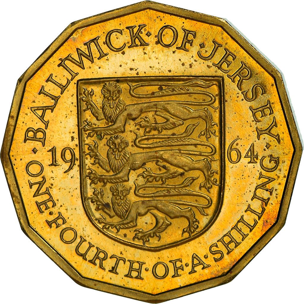 Jersey Coin Islander 1/4 Shilling Coin | Queen Elizabeth II | Lion | Shield | KM25 | 1964