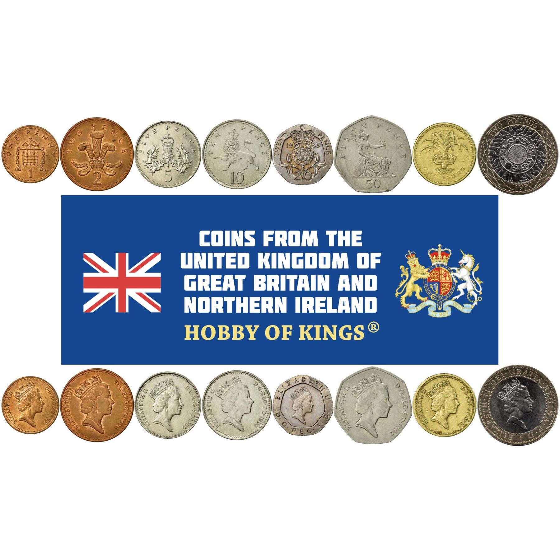 Великобритания | Набор из 8 монет | 1 пенни 2 5 10 20 50 пенсов 1 фунт 2 фунта | 1985 - 1997