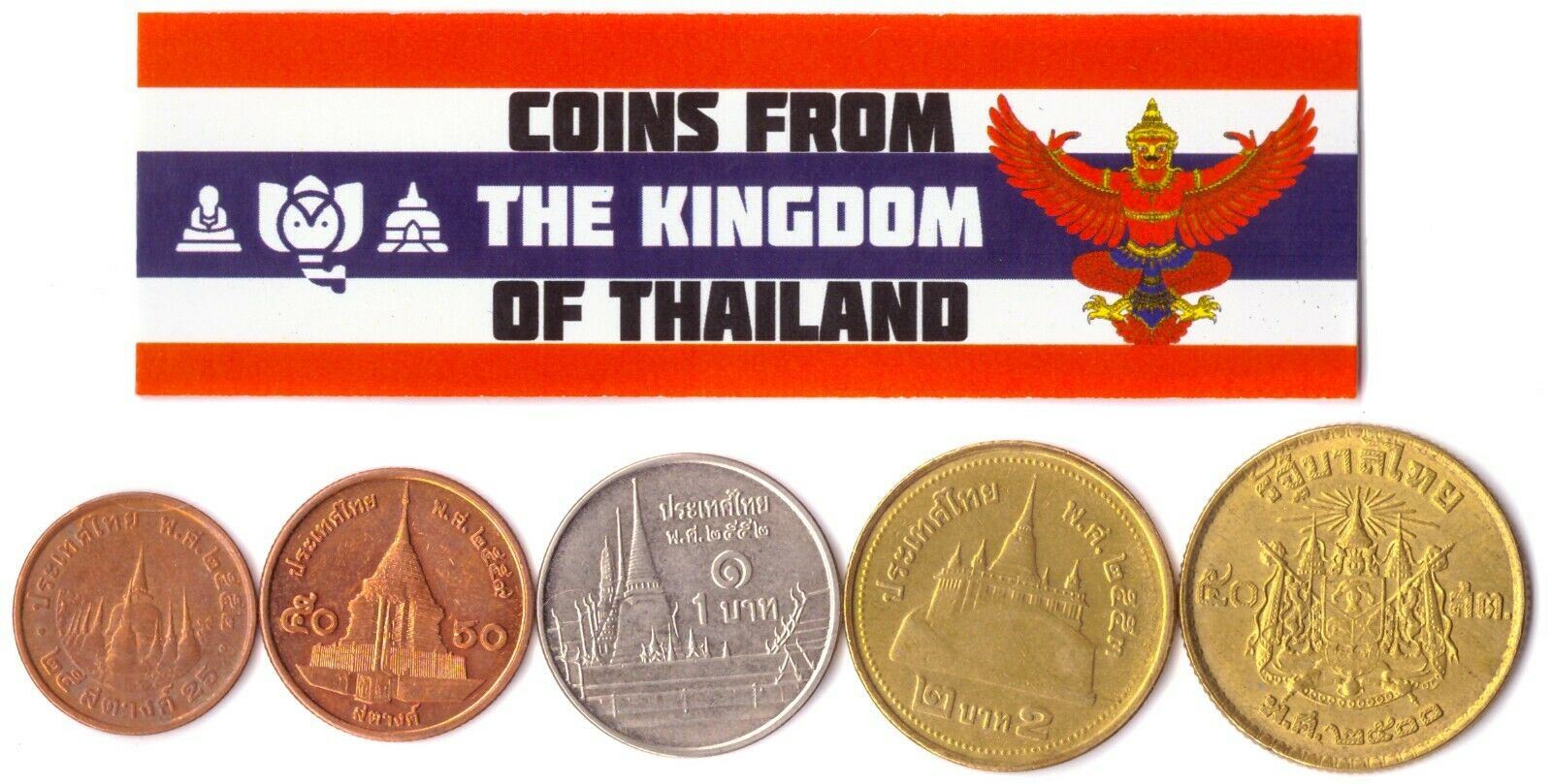 5 Mixed Coins From Thailand | Satang | Baht | Budhist Temples | Garuda | Rama IX | Rama X | 1950 - 2020