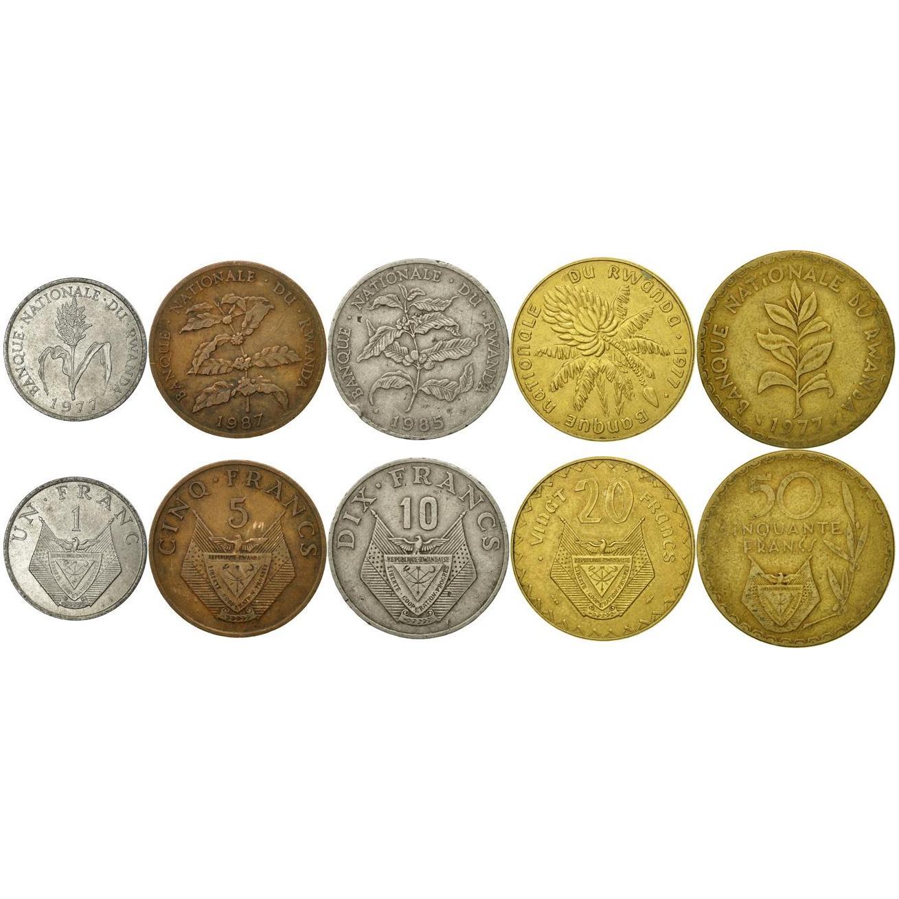 Rwanda | 5 Coin Set | 1 Franc 5 10 20 50 Francs | 1974 - 1987