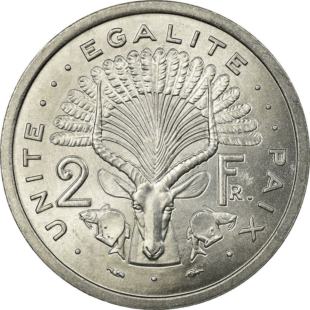 Djibouti | 2 Francs Coin | Knife | Spear | Shield | Waterbuck | Km:21 | 1977 - 1999