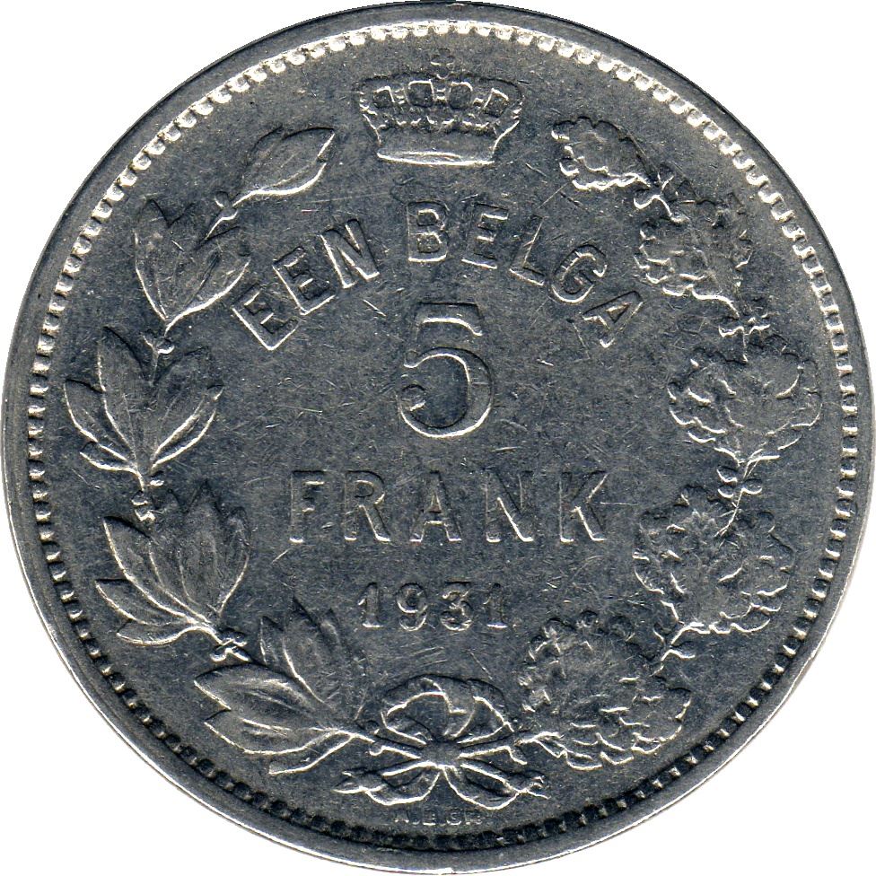 Belgian 1 Belga / 5 Francs Coin | Albert I Belgie | Star | Olive | KM98 | 1930 - 1933