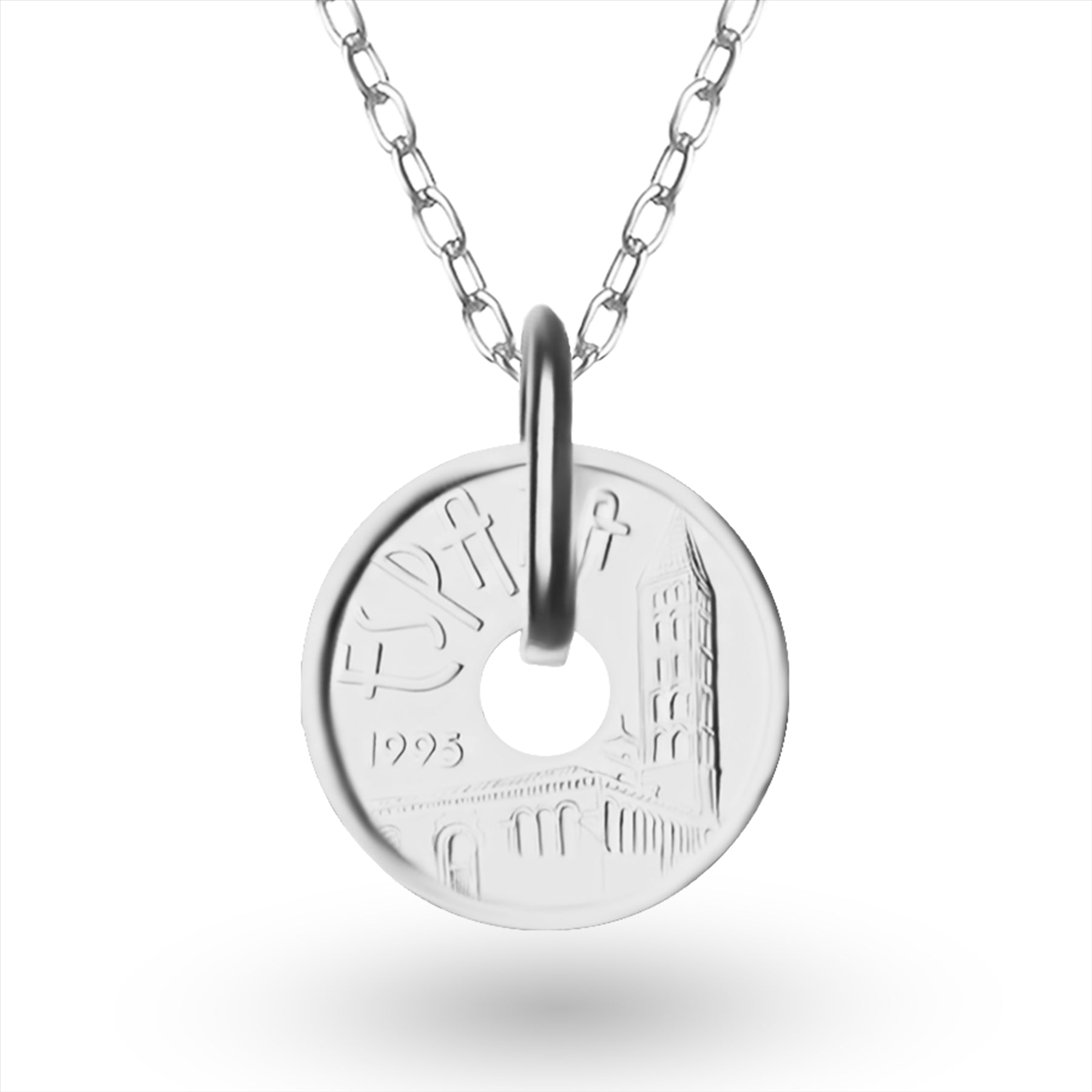 Spanish Coin Necklace | Medallion Pendant Jewelry | Rhodium Plated 5 Pesetas | Castile and Leon | 1995