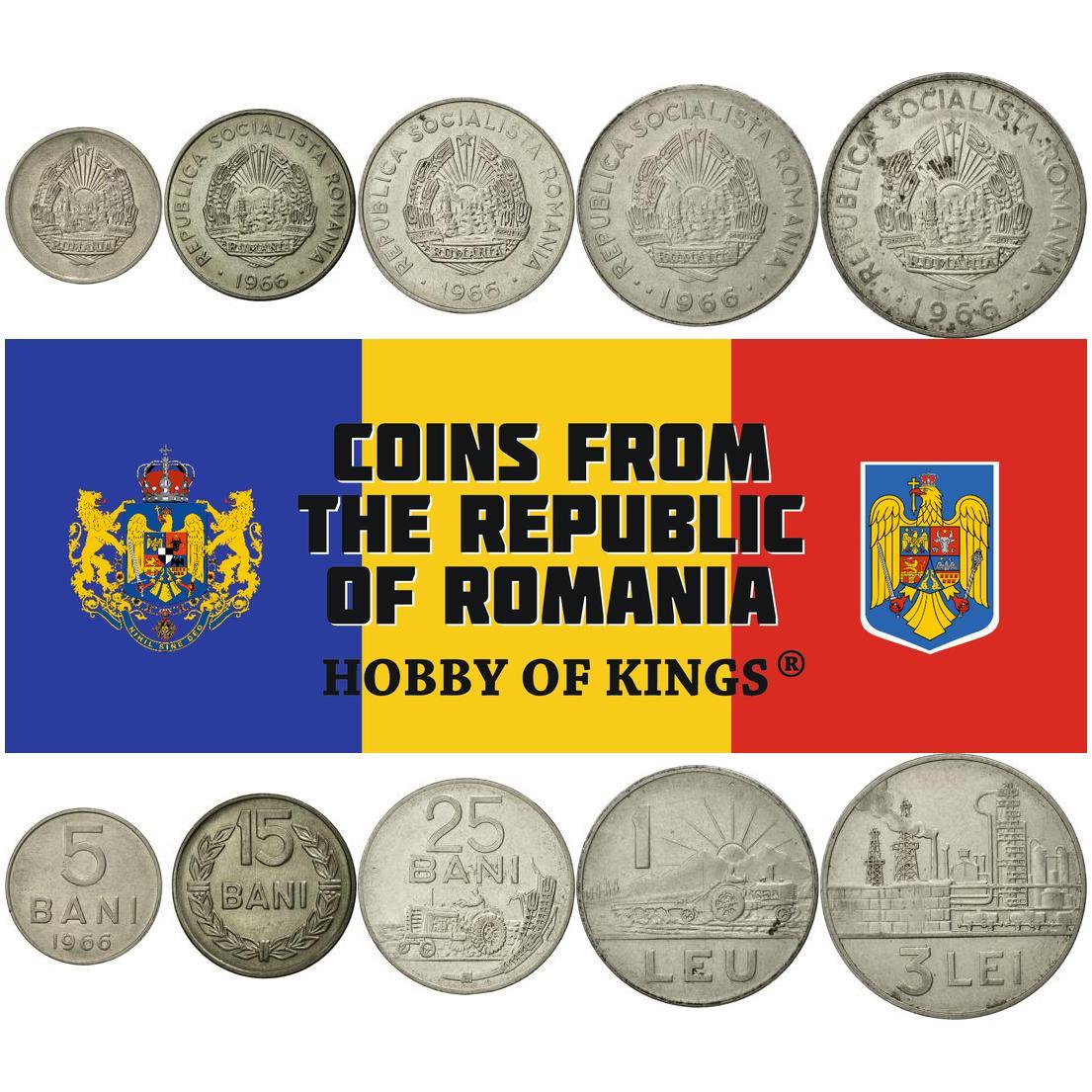 Romania | 5 Coin Set | 5 15 25 Bani 1 3 Leu | 1966 - 1990