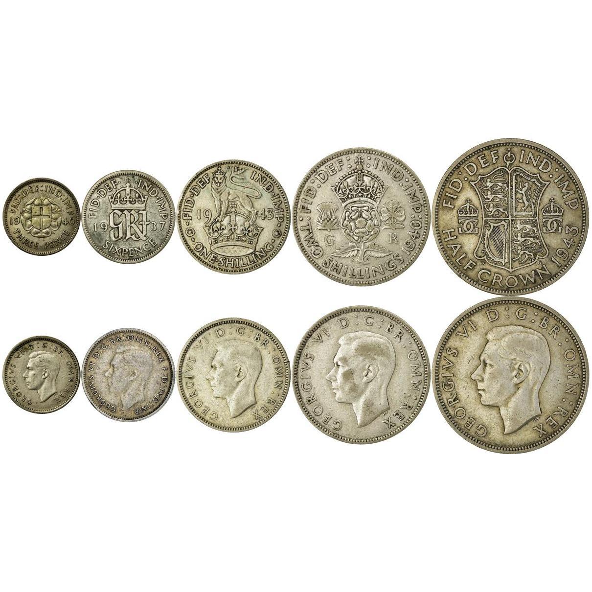 United Kingdom | 5 Coin Set | 3 6 Pence 1 Shilling 2 Shillings 1/2 Crown | 1937 - 1946