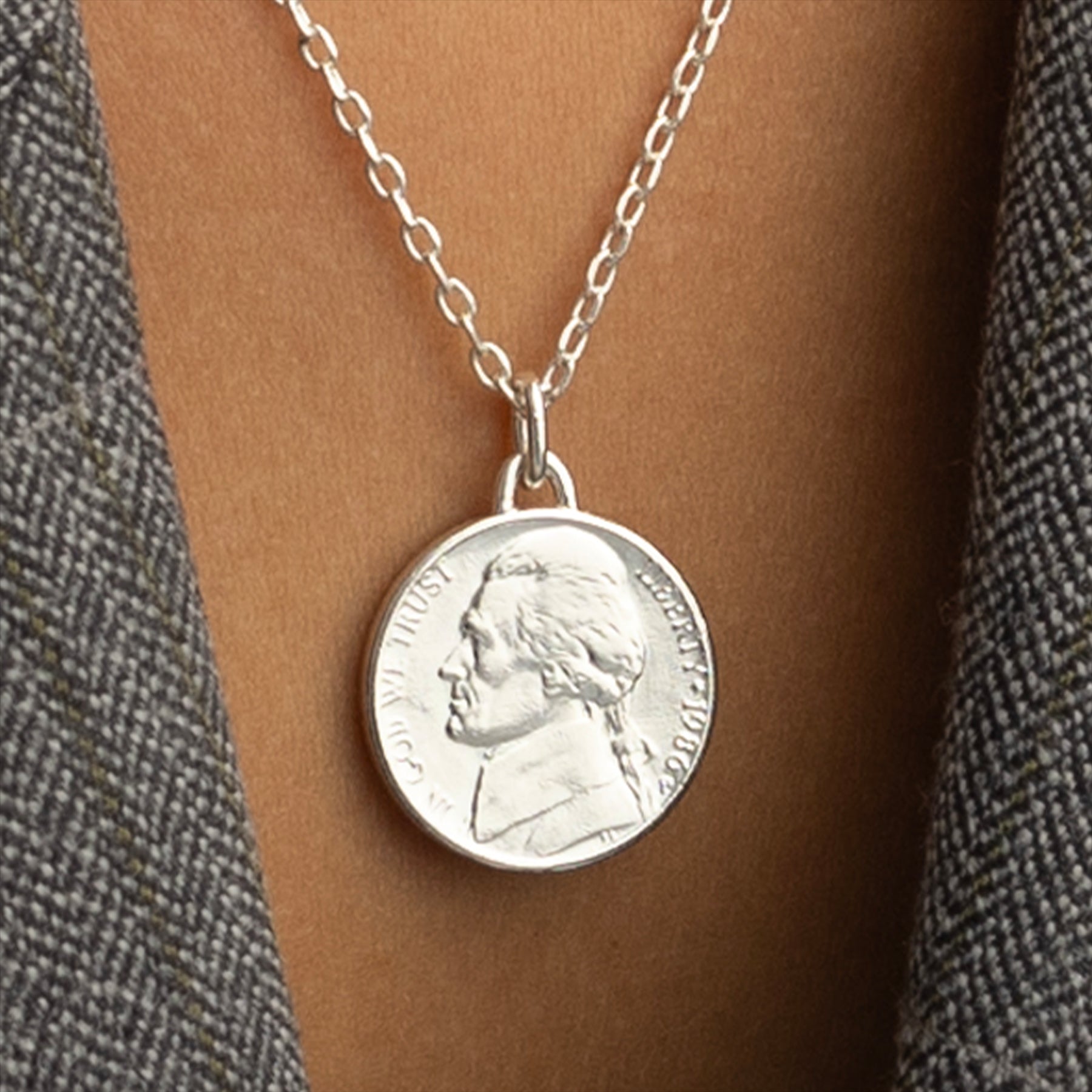 US Coin Necklace | Medallion Pendant Jewelry | Rhodium Plated United States of America 5 Cents | T. Jefferson | 2002