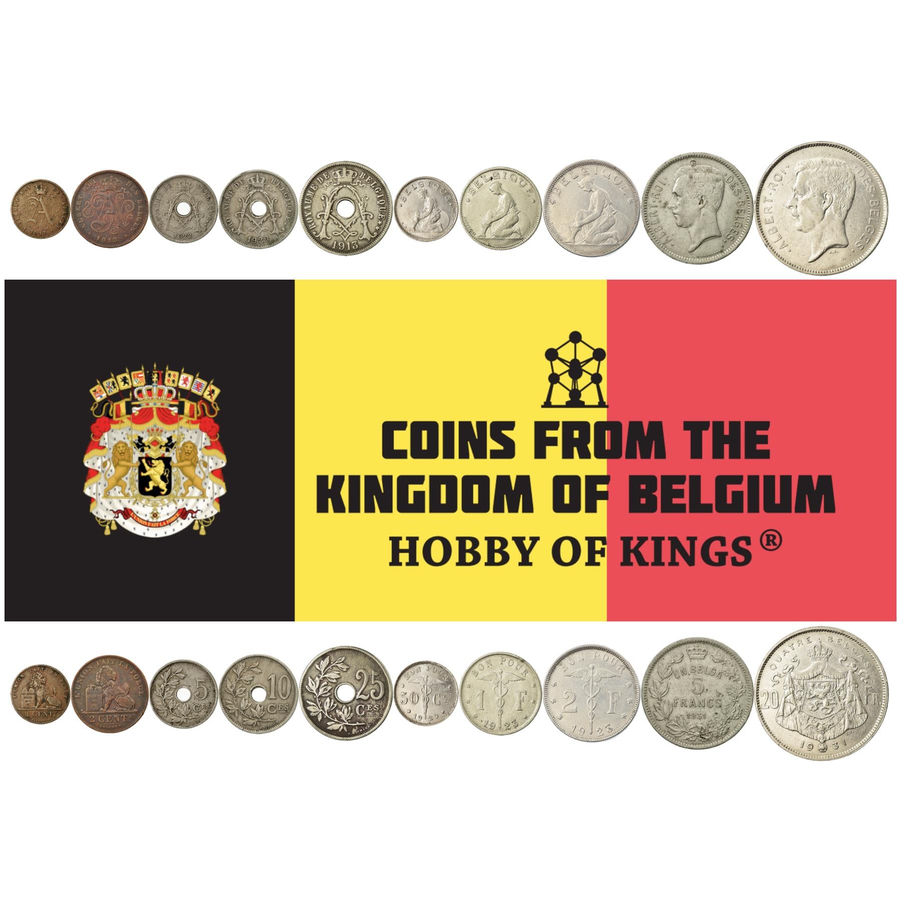 Belgian 10 Coin Set 1 2 5 10 25 50 Centimes 1 2 5 20 Francs | Albert I | Lion | Olive And Oak Branches | Belgian Constitution | Caduceus (Staff Of Hermes) | Libertine | Belgium | 1910 - 1935