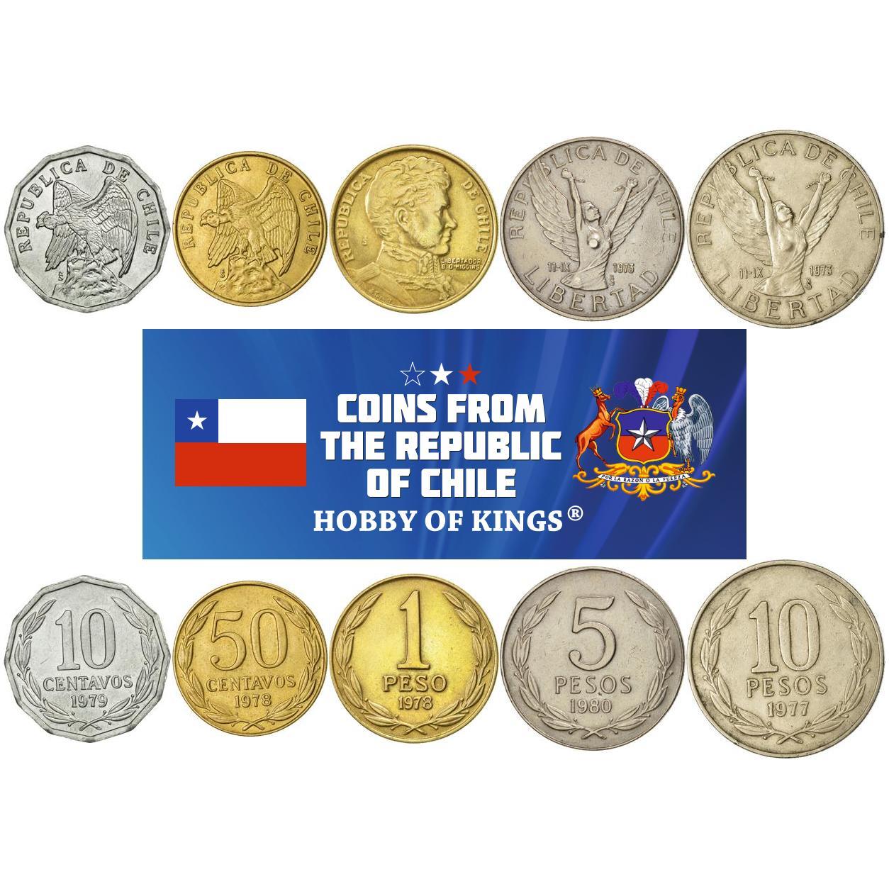 Chile | 5 Coin Set | 10 50 Centavos 1 Peso 5 10 Pesos | Andean condor | Bernardo O'Higgins | Chilena | 1976 - 1980