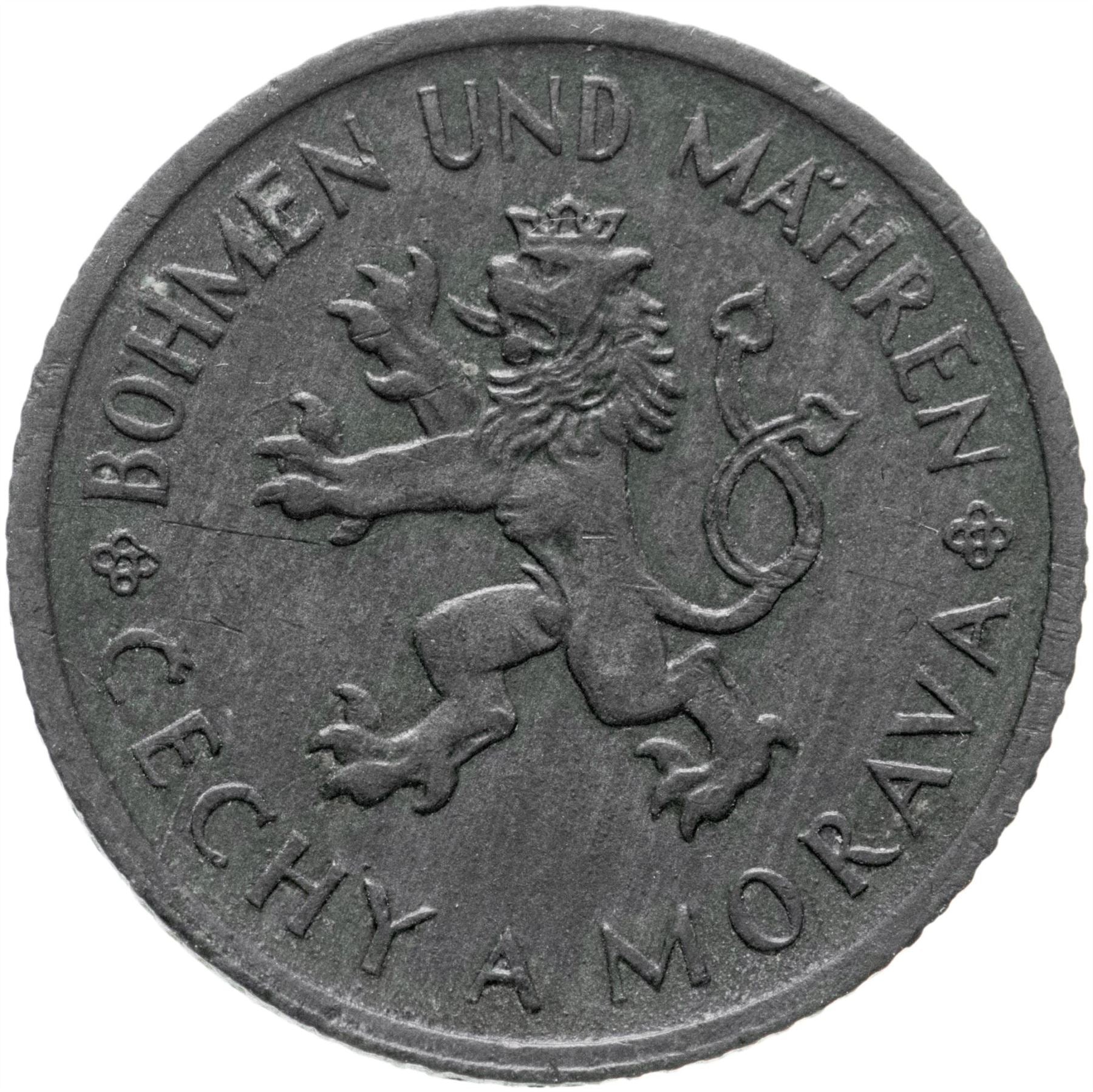 Bohemia and Moravia 1 Koruna Coin | Lion | Linden Branch | 1941 - 1944